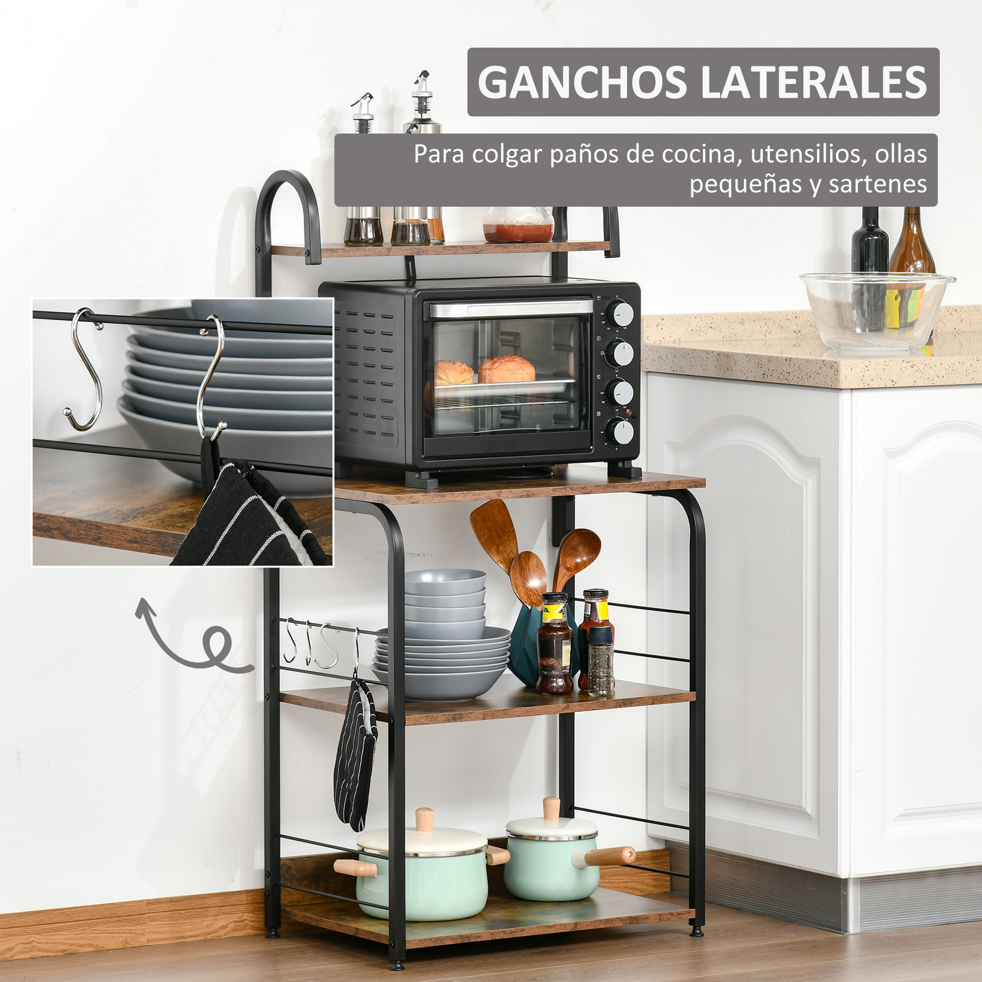 Estante de cocina con mini horno, platos, ollas y ganchos.