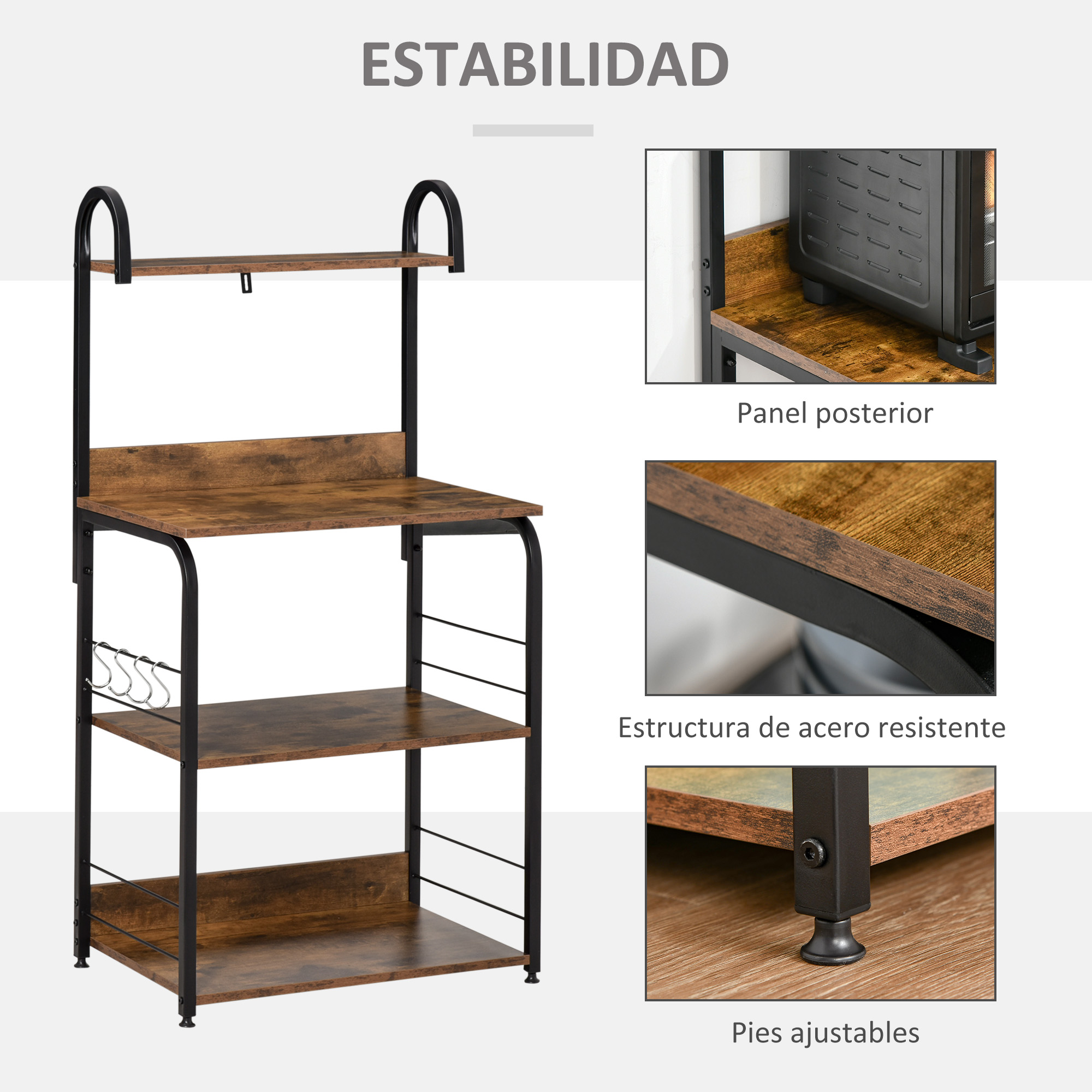 Un estante de madera marrón con marco de metal negro y varios niveles.