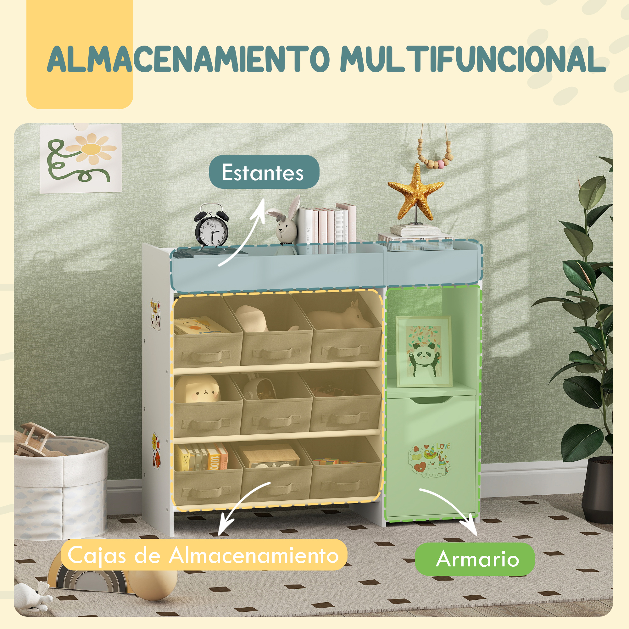 Un mueble de almacenamiento blanco y verde con estantes y cajones.