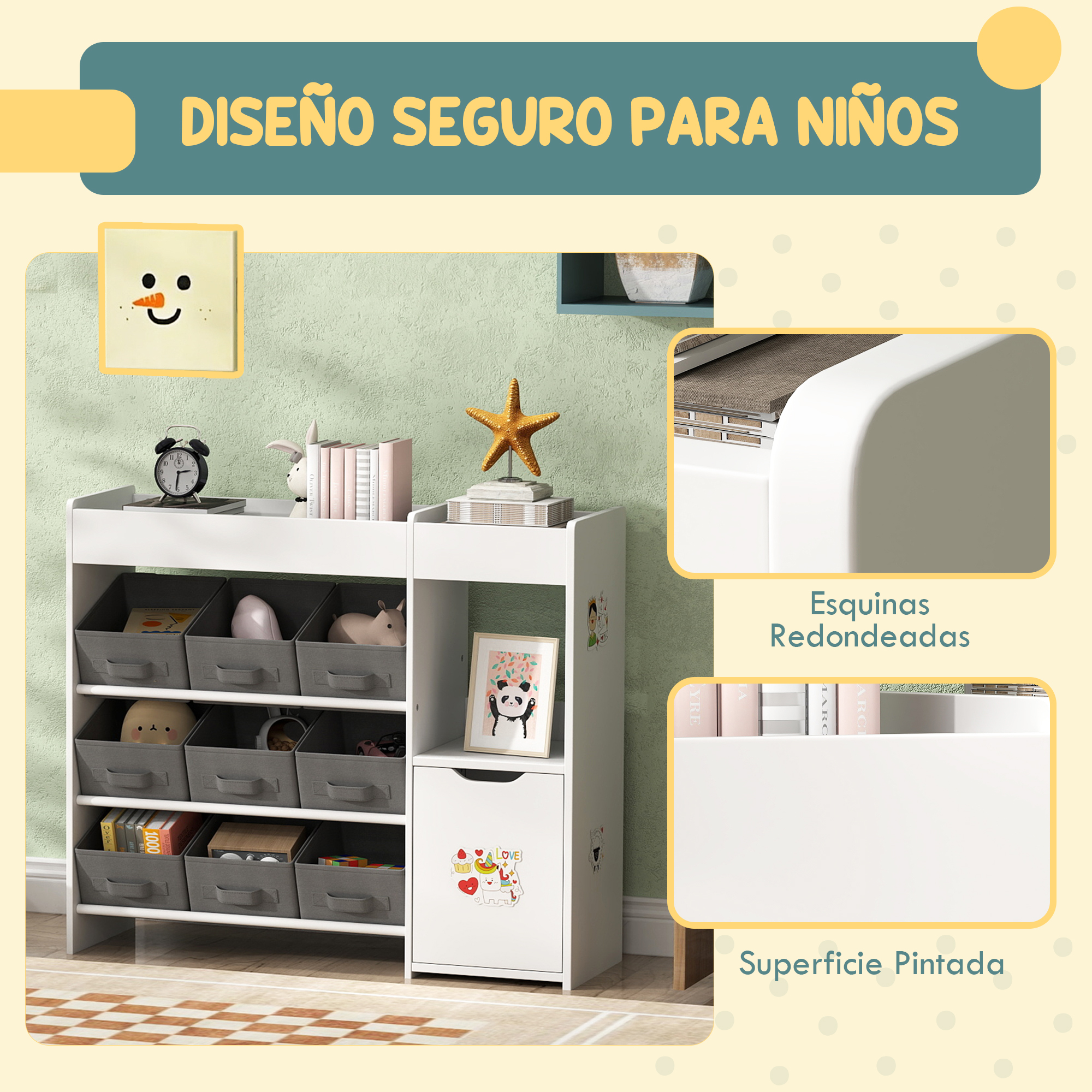 Estantería infantil blanca con cajas de almacenaje, libros y decoración.