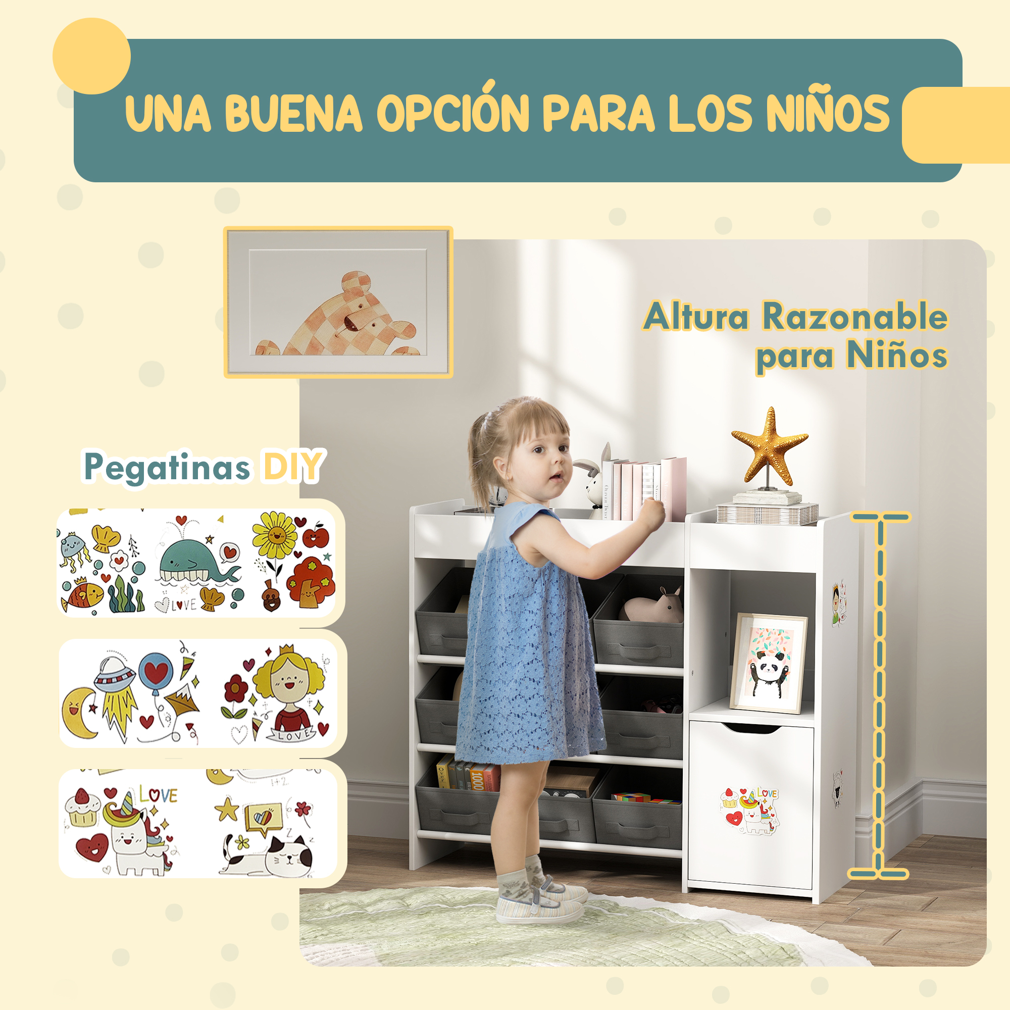 Una niña con vestido azul junto a estantería blanca con cajas de almacenamiento.
