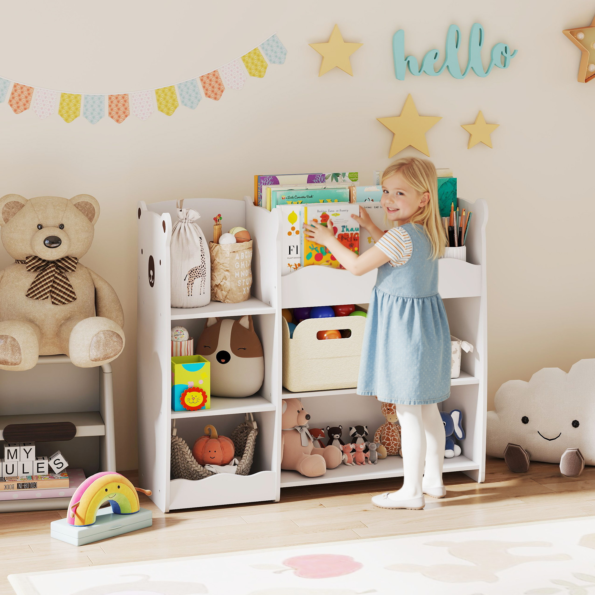 Una niña organiza libros en una habitación infantil con un oso de peluche y juguetes.