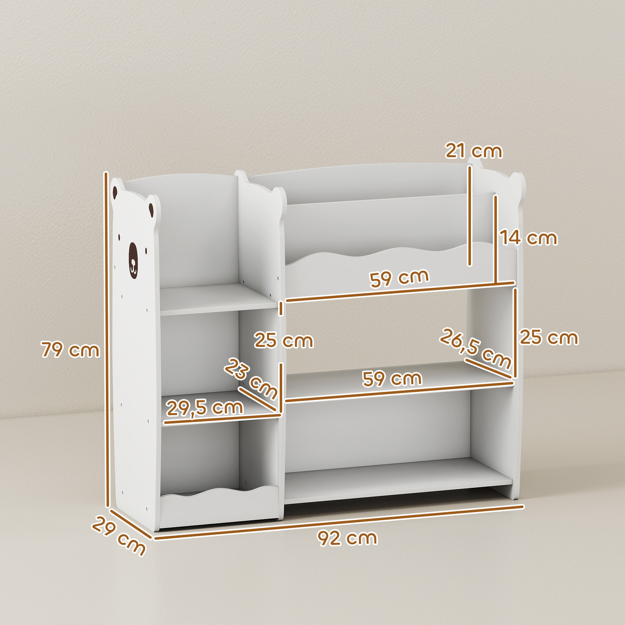 Un estante blanco con diseño de osito, se muestran las dimensiones.
