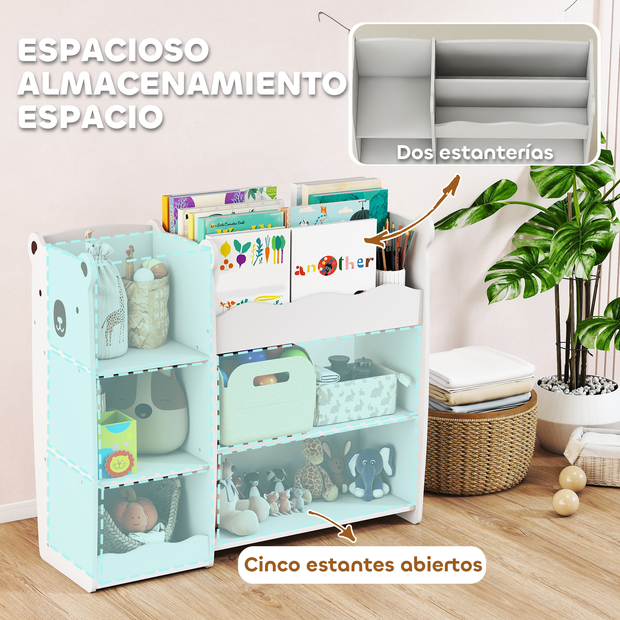 Estantería blanca con orejas de oso, llena de libros y juguetes.