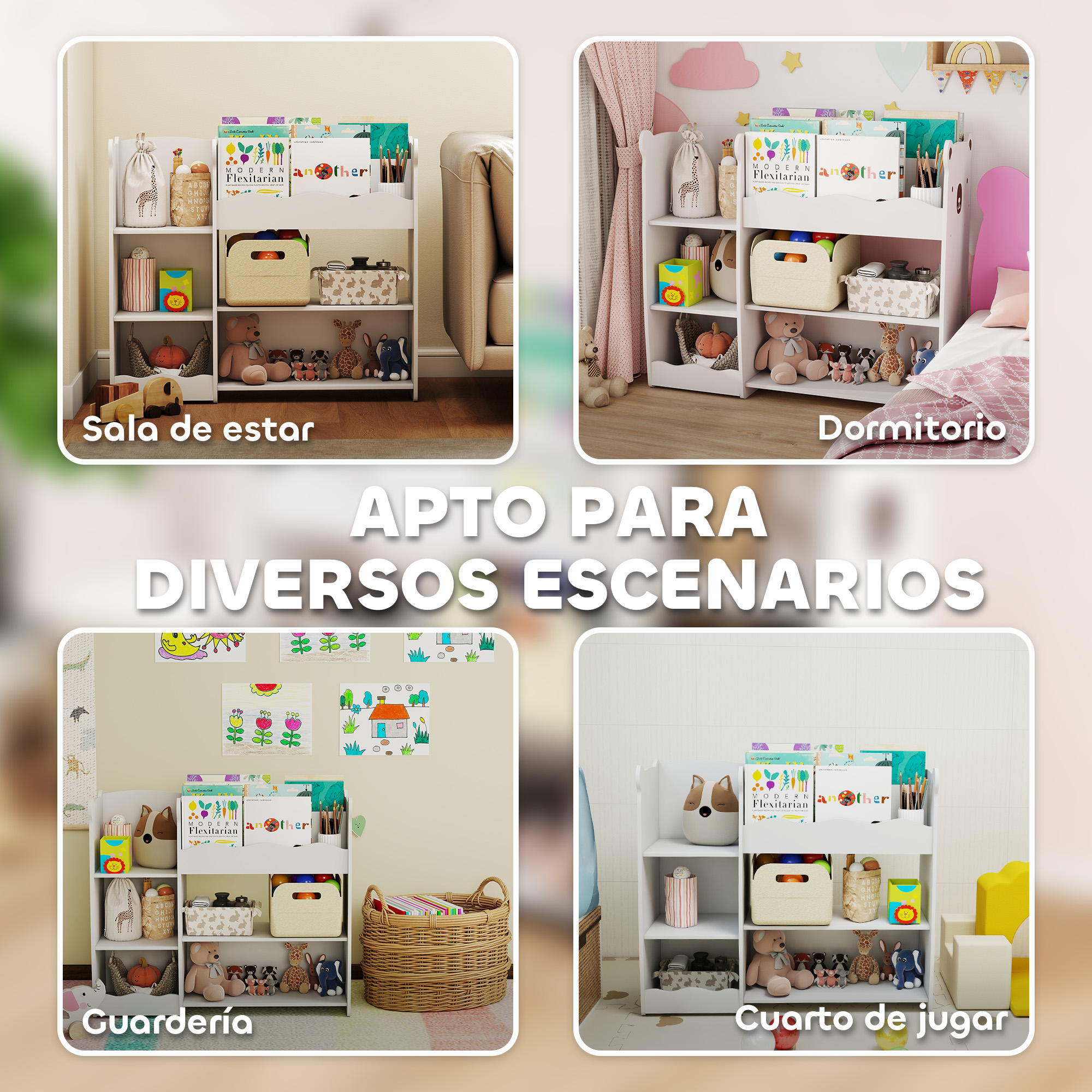 Un estante blanco con juguetes y libros, mostrado en varios escenarios.
