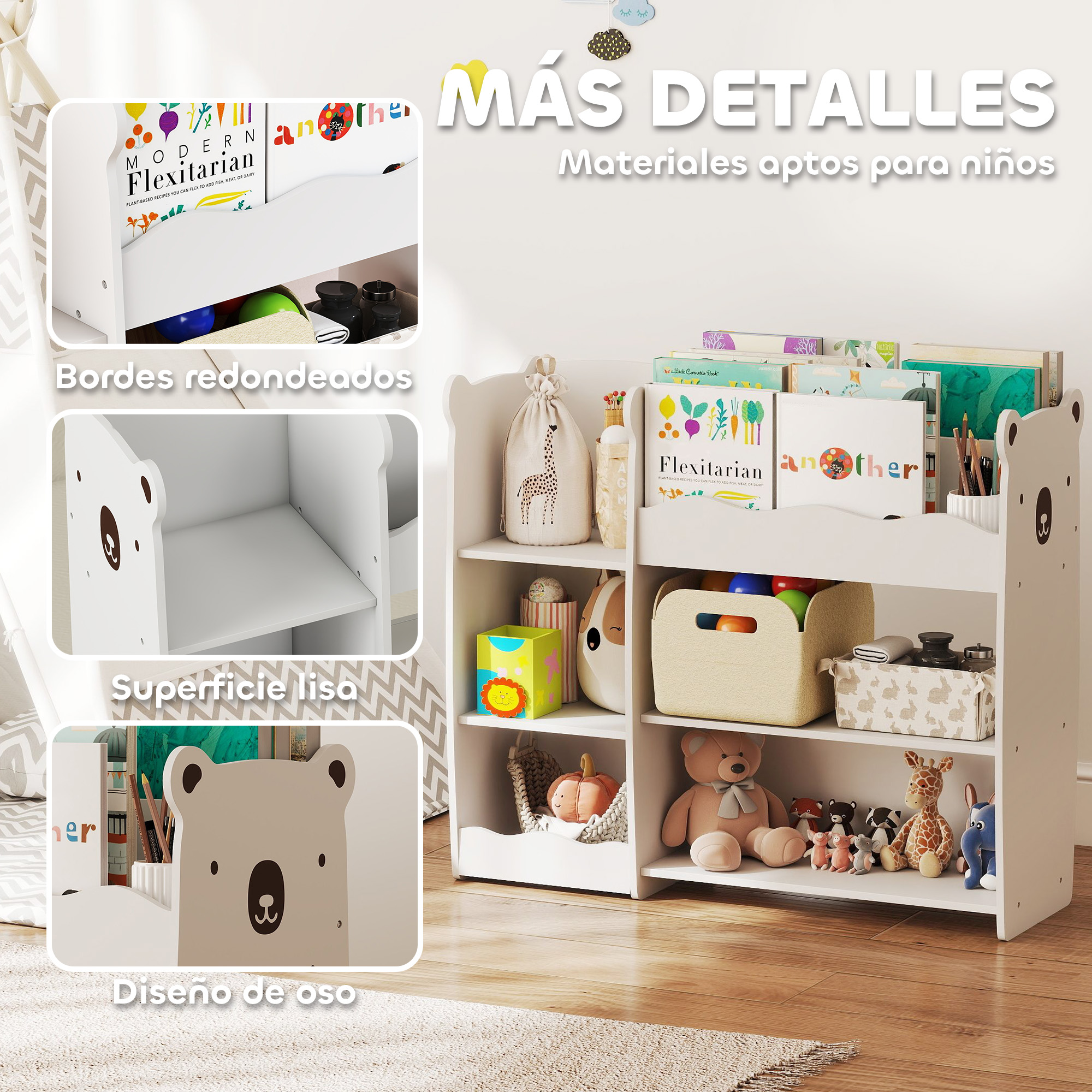 Un estante blanco con orejas de oso, lleno de libros y juguetes.