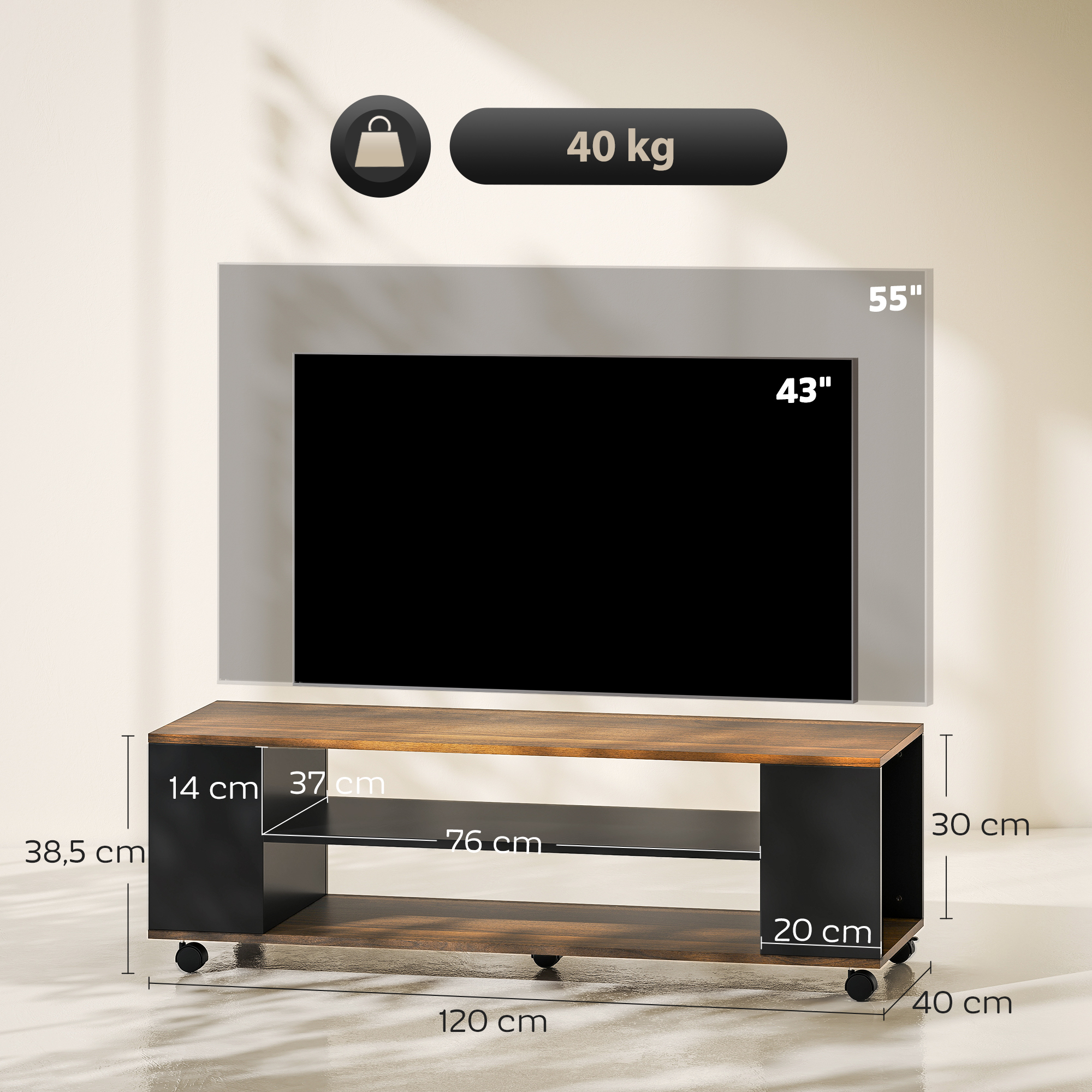 Un mueble de TV con dimensiones: 120x40x38,5cm. Capacidad 40kg.
