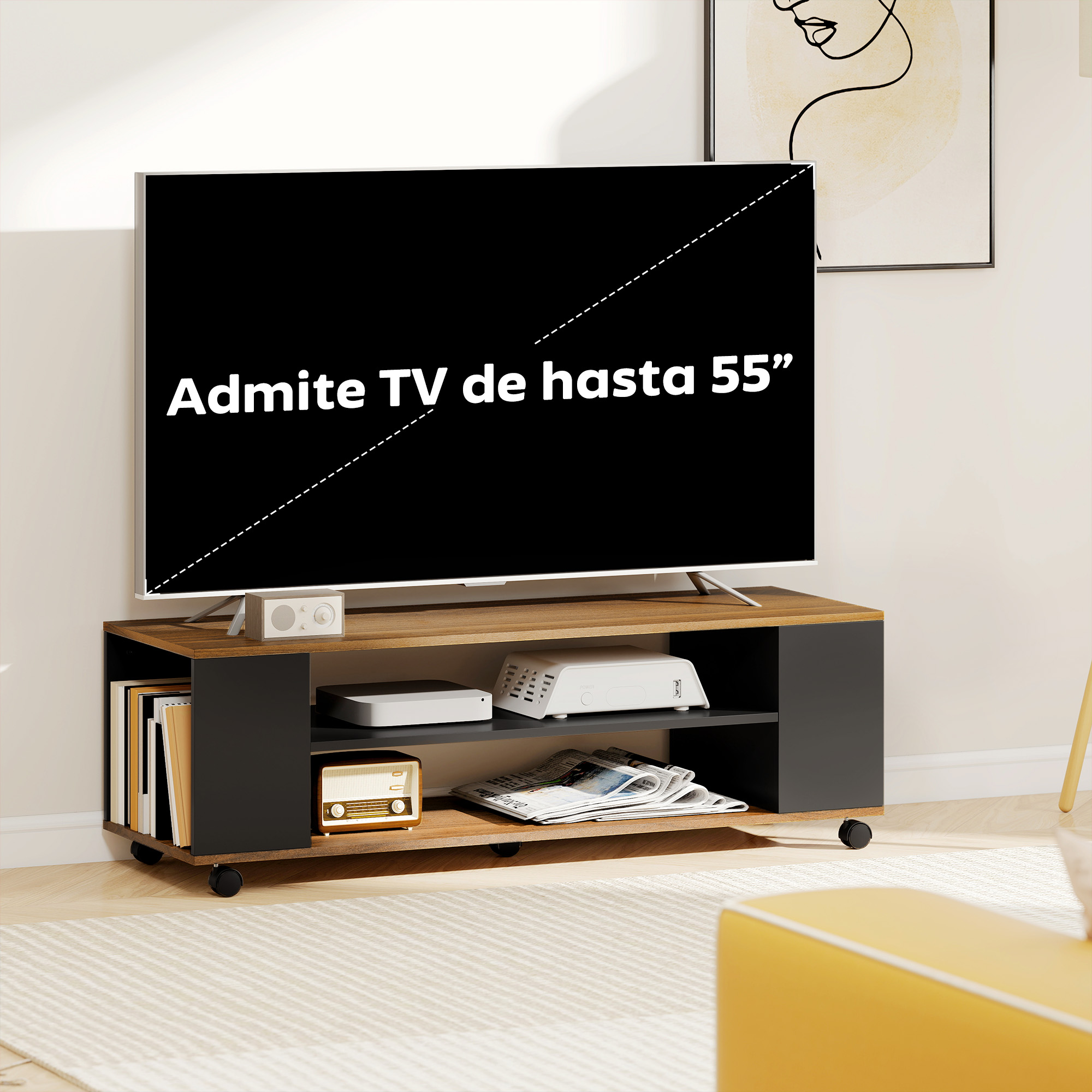 Un mueble de TV con cajones, estantes y ruedas, con un televisor encima.