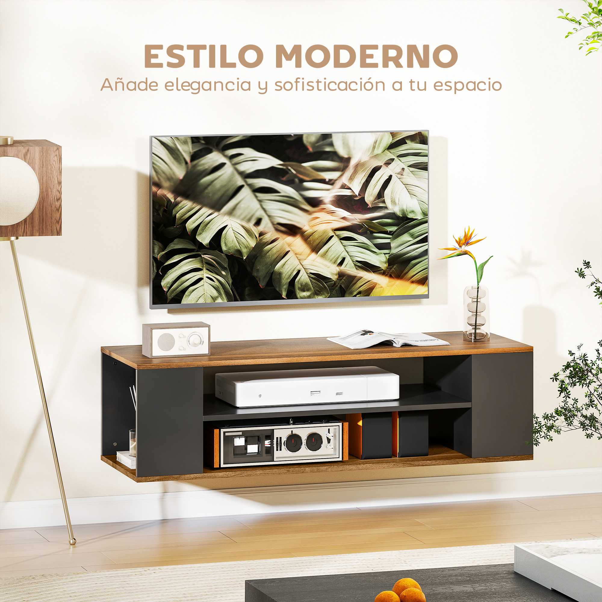 Un mueble de TV moderno con electrónica, radio, lámpara y planta.