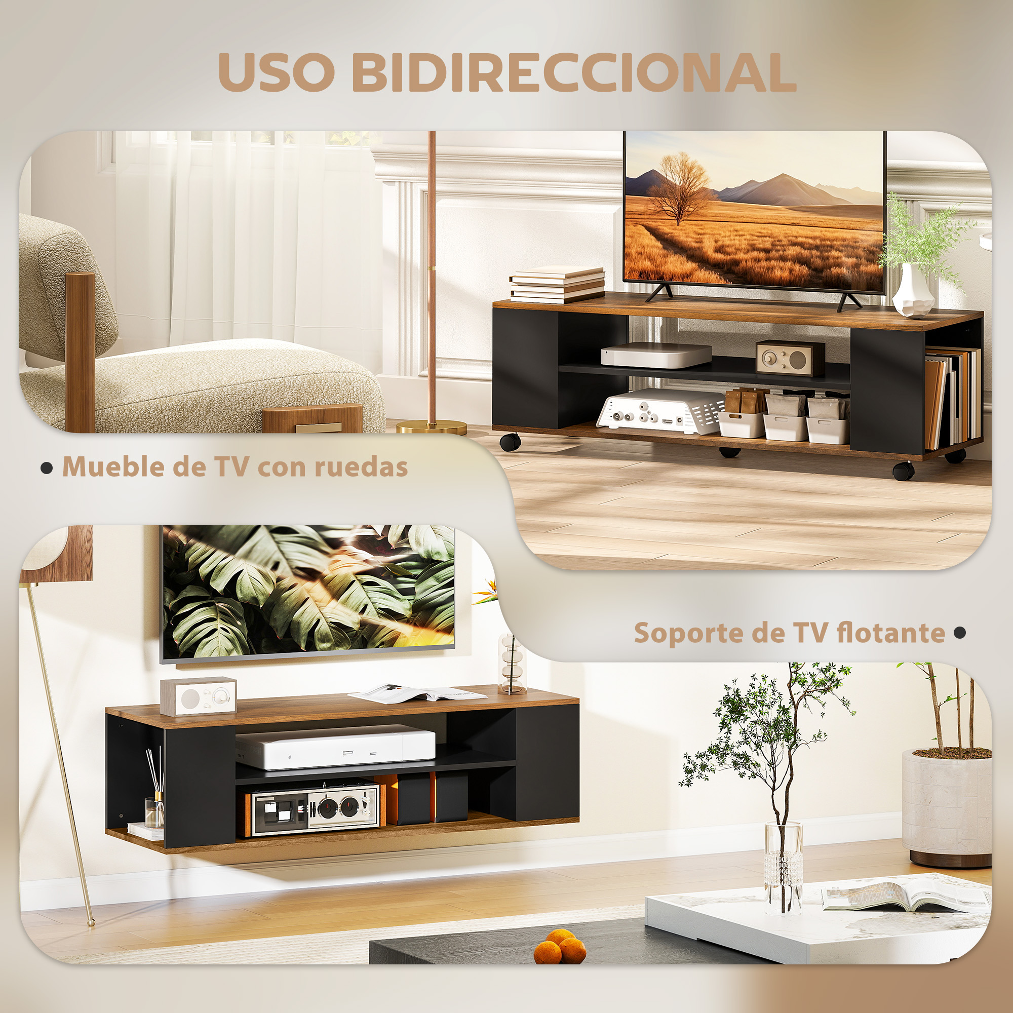Sala con mueble de TV con ruedas y mueble de TV flotante.