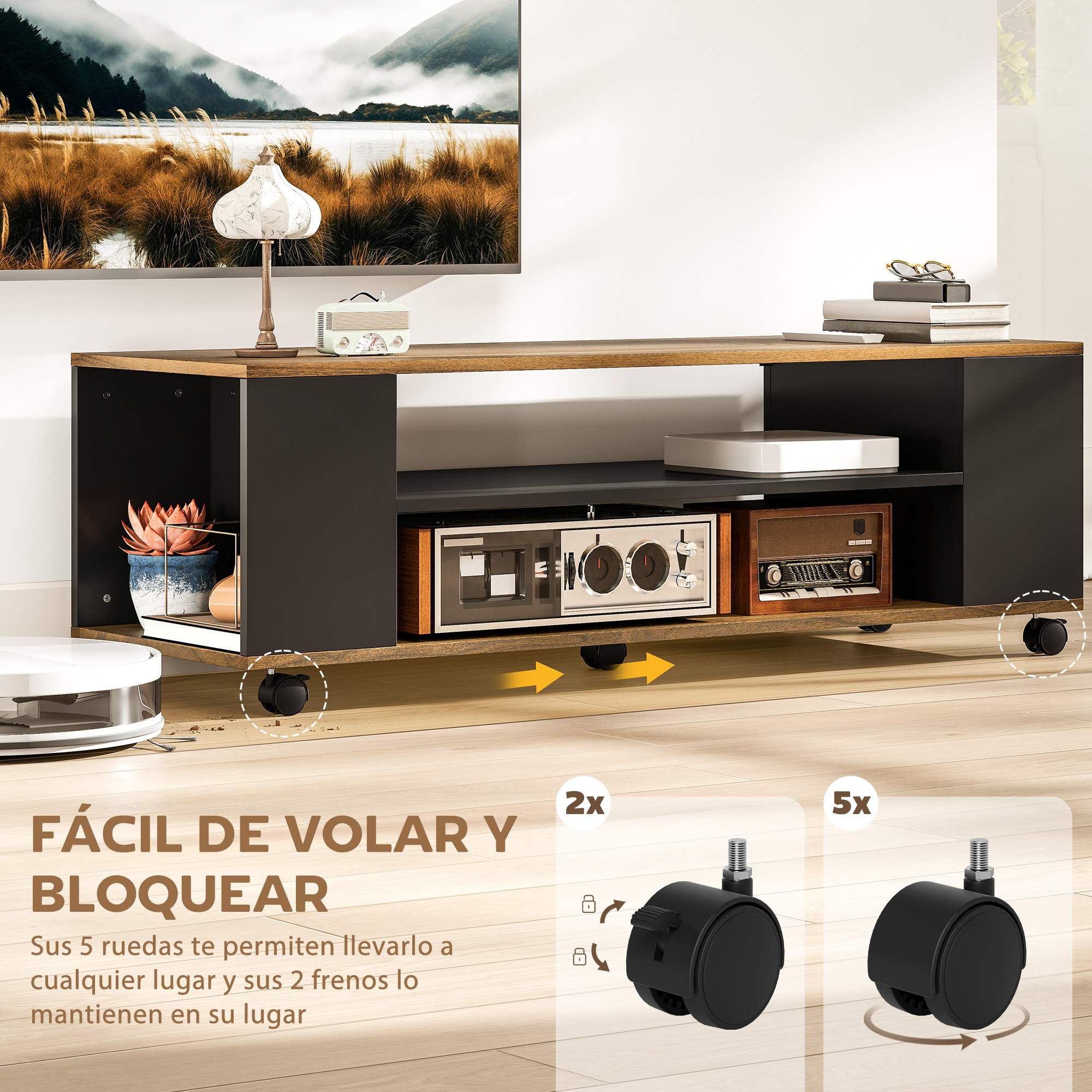 Un mueble de TV con ruedas, radio retro, lámpara y planta.