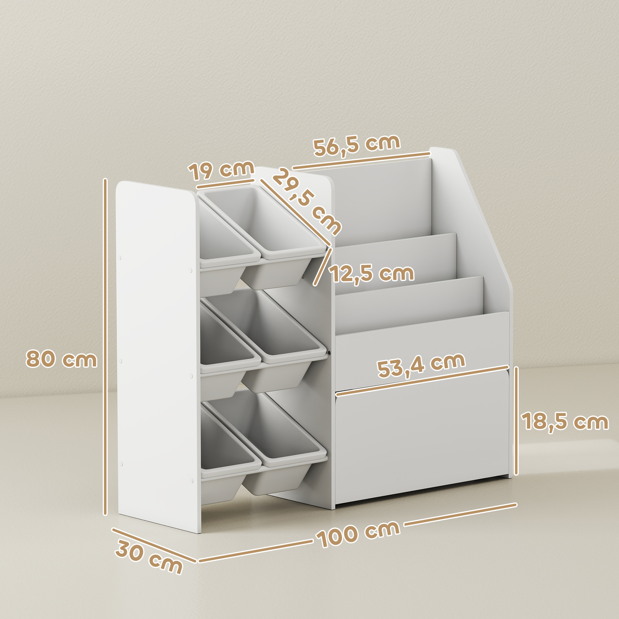Mueble de almacenamiento blanco con 6 cajones y 3 estantes abiertos.