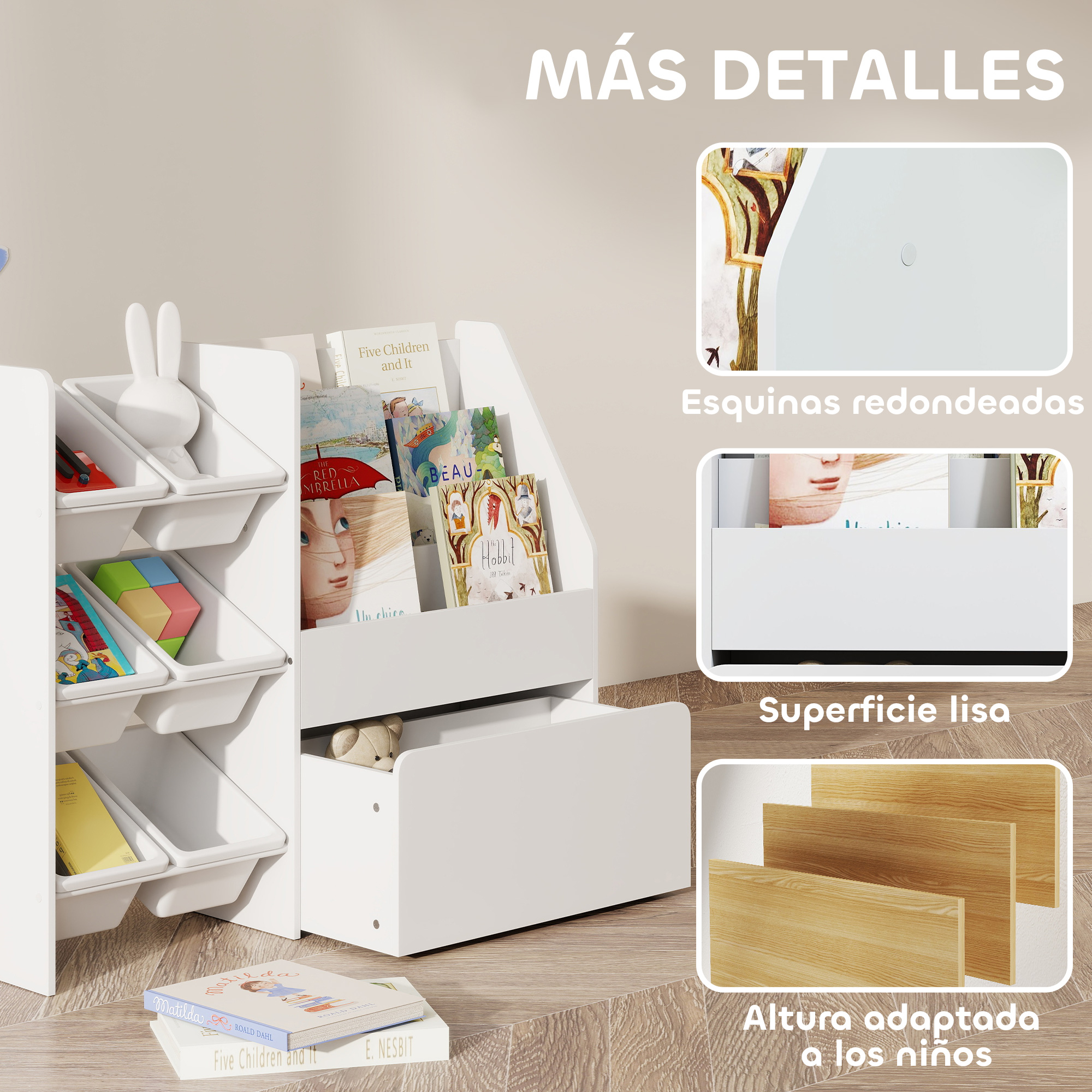 Un estante blanco con juguetes y libros. Los detalles muestran esquinas redondeadas.