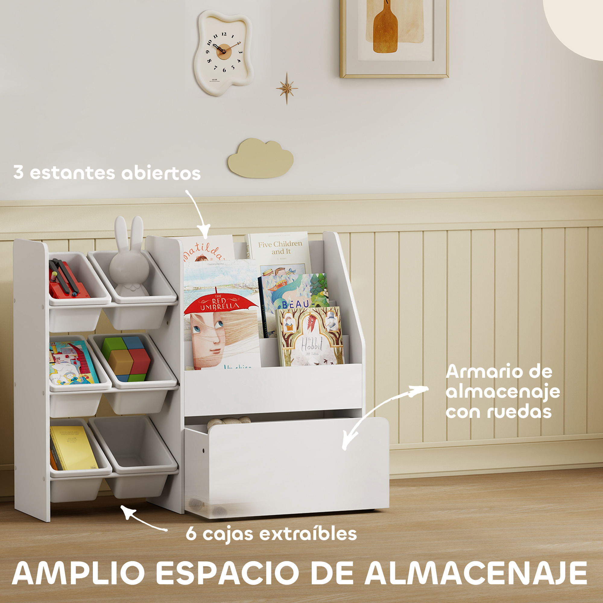 Mueble blanco de almacenamiento con estantes abiertos y cajones, lleno de libros y juguetes.