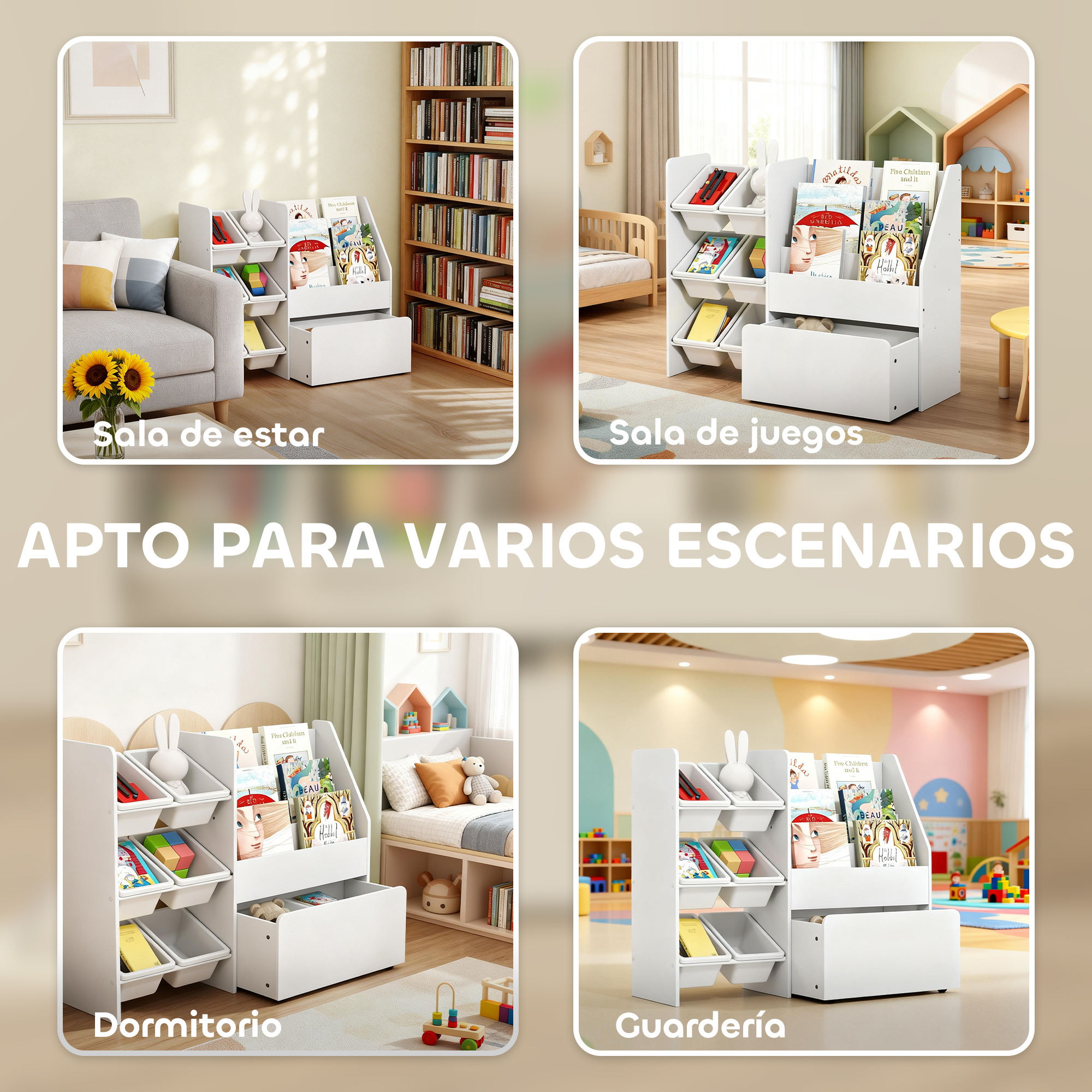 Una estantería blanca con cubos para juguetes y libros, en distintas estancias.