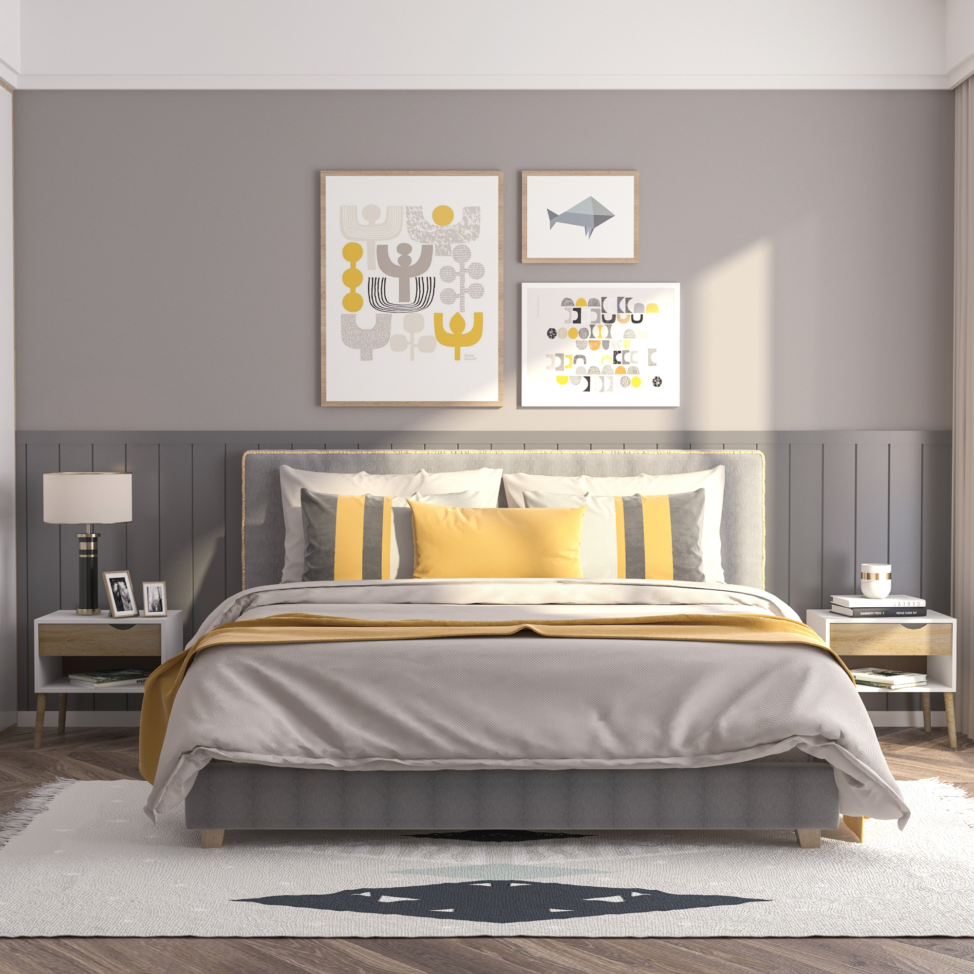 Un dormitorio con cama doble, cojines grises y amarillos y arte en la pared.