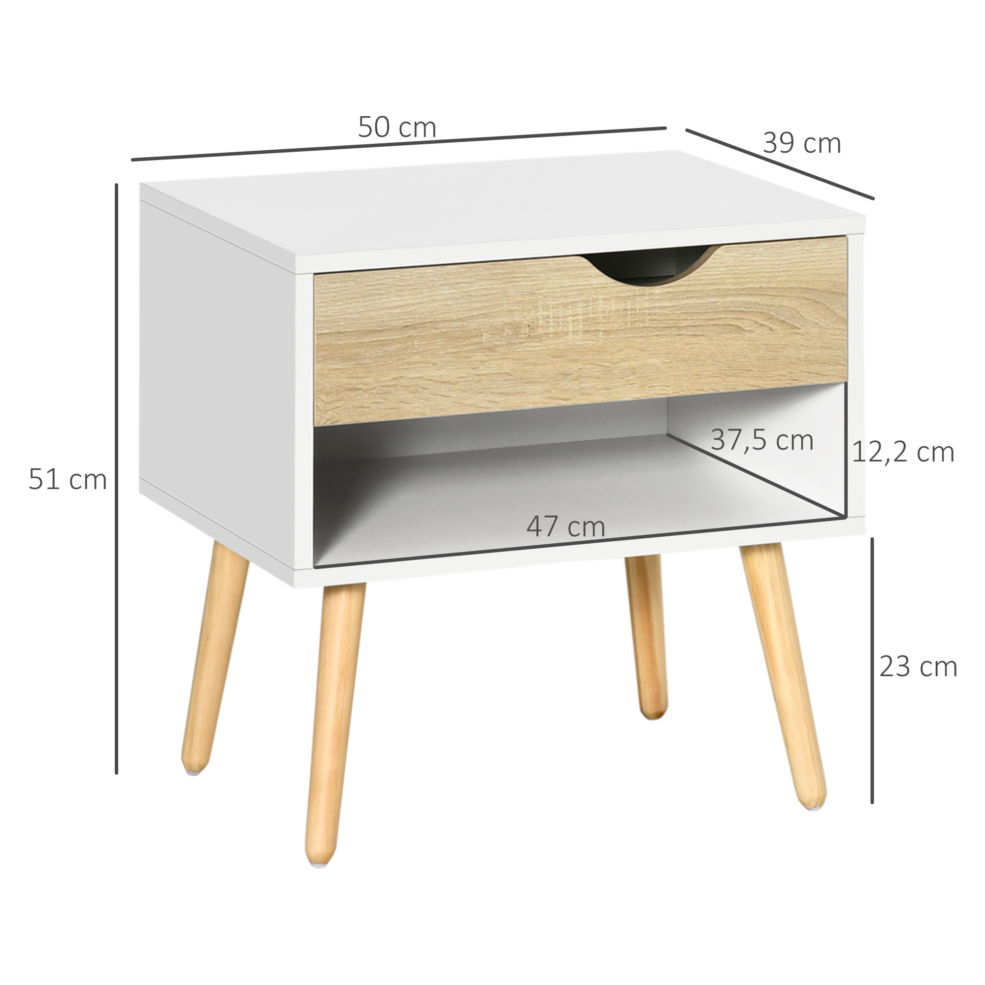 Mesita de noche blanca con cajón de madera y estante abierto, sobre patas.