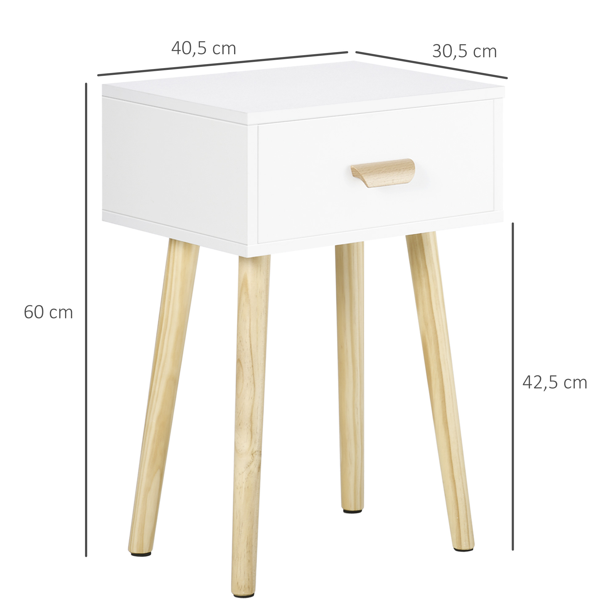 Mesita de noche blanca con cajón de madera y patas anguladas. Dimensiones.