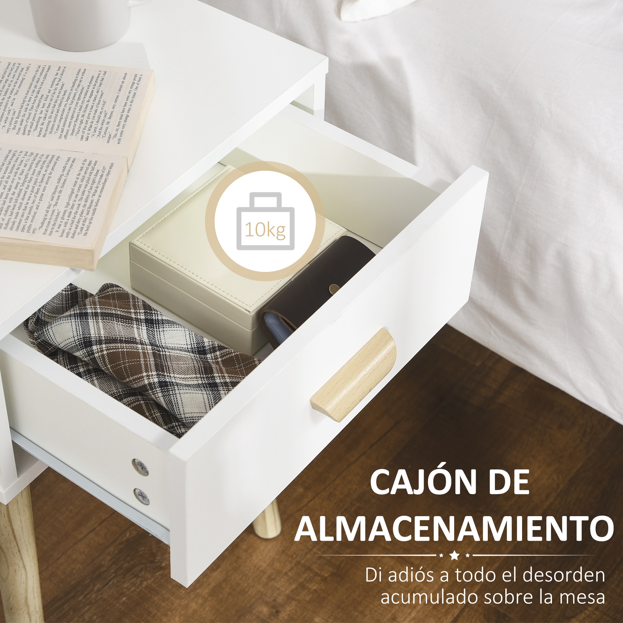 Una mesita de noche con un cajón parcialmente abierto que contiene un libro, una caja y una corbata.