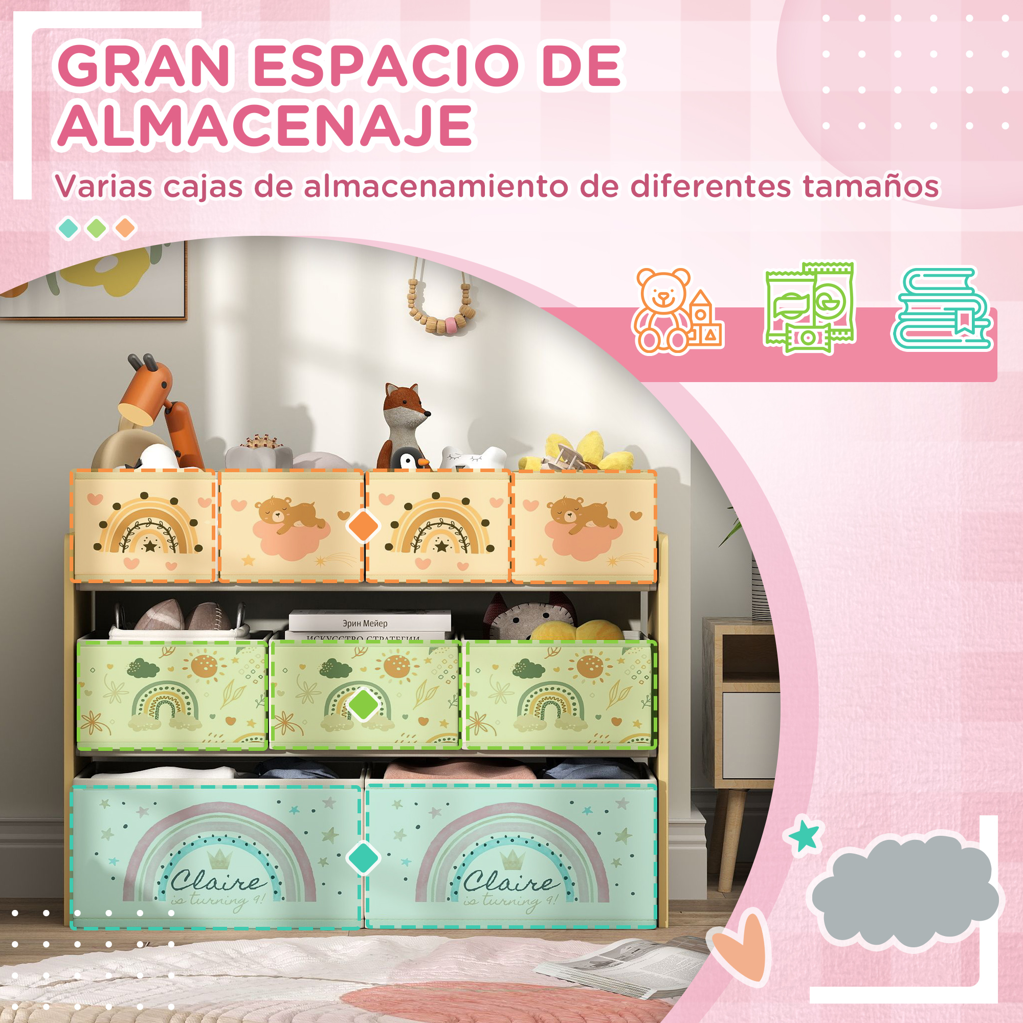 Un mueble de almacenamiento con cajas coloridas con nubes, arcoíris y animales.
