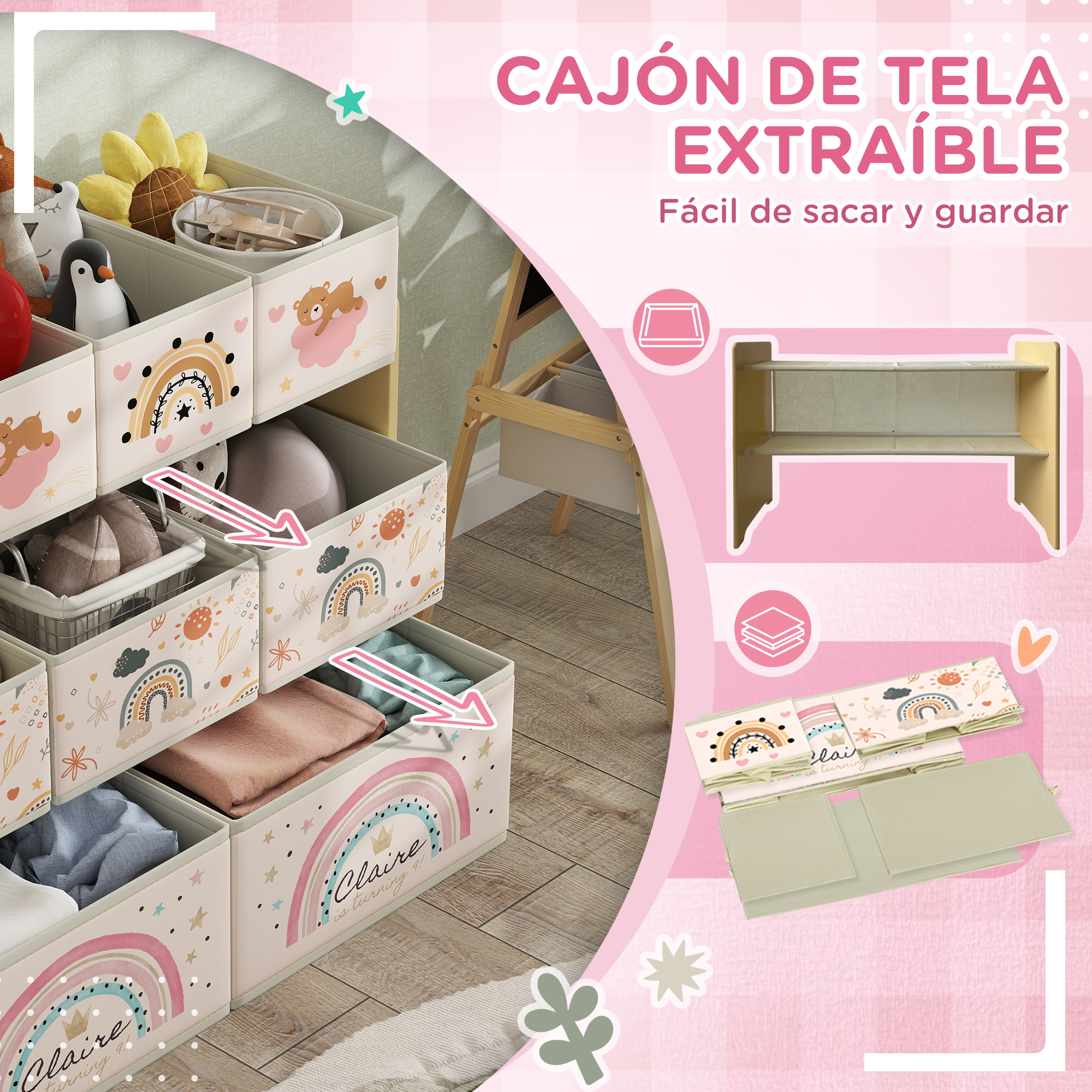 Cajones de tela con diseños de arcoíris y osos, llenos de juguetes y ropa.