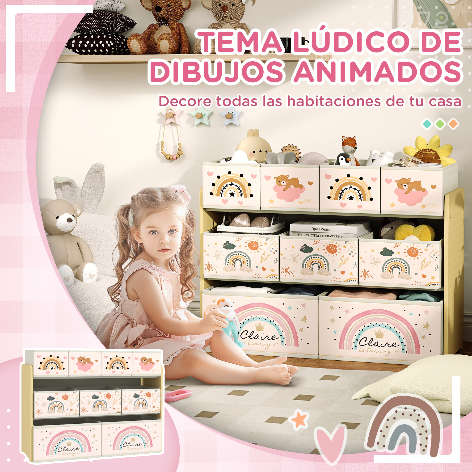 Una niña se sienta junto a cajas de juguetes con diseños animados.