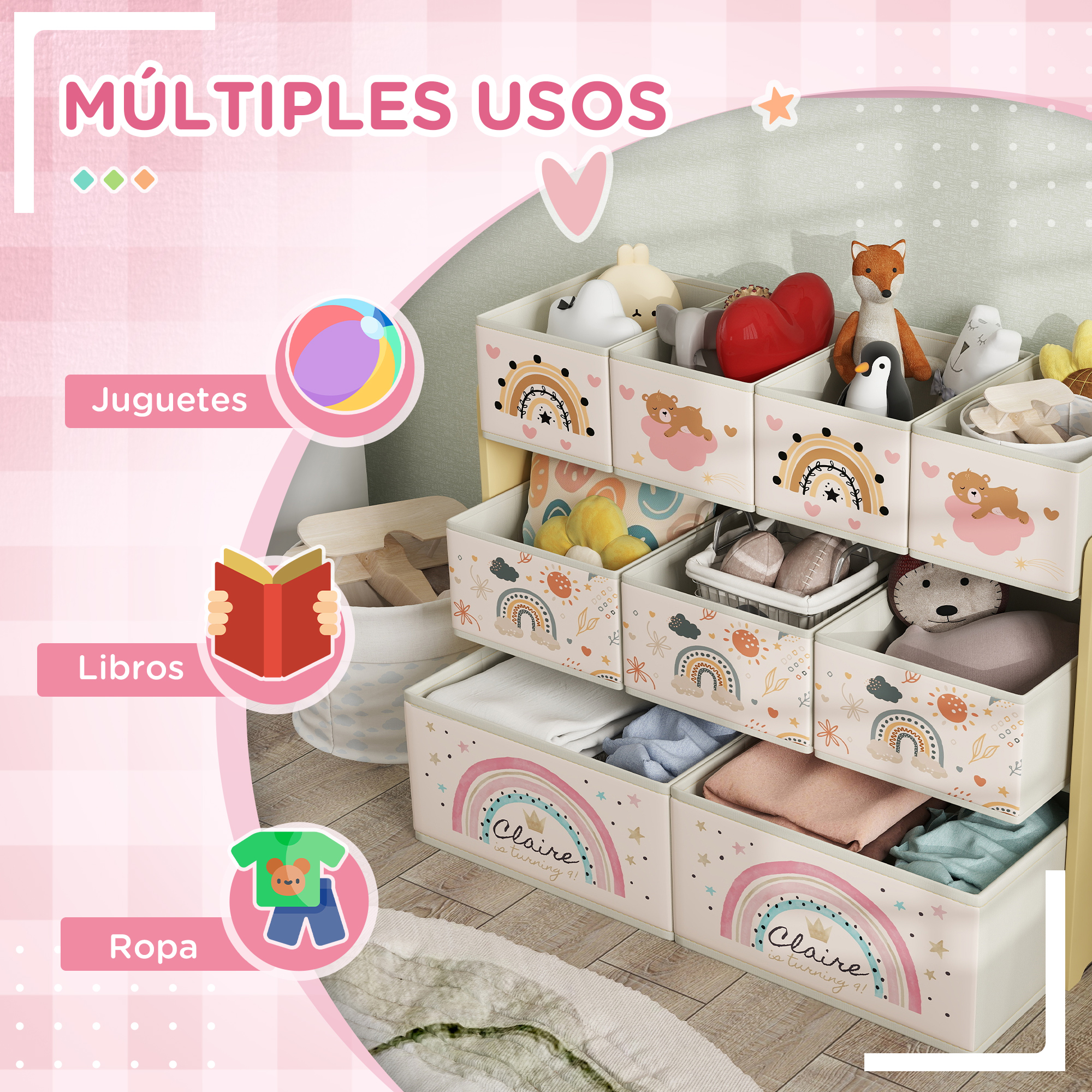 Una unidad de almacenamiento de varios cajones llena de juguetes, libros y ropa.