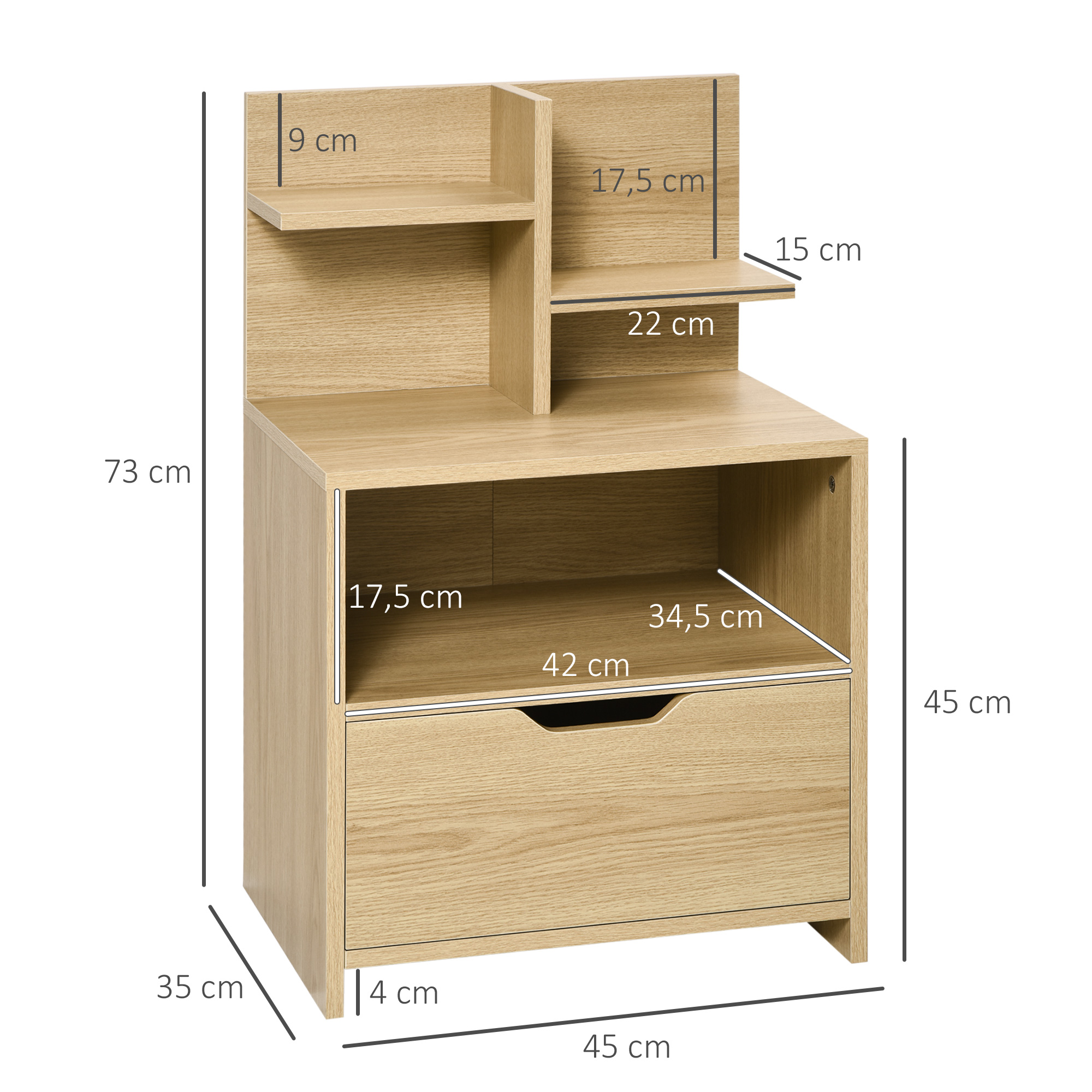 Mueble de madera con cajón y estantes, se indican las dimensiones.
