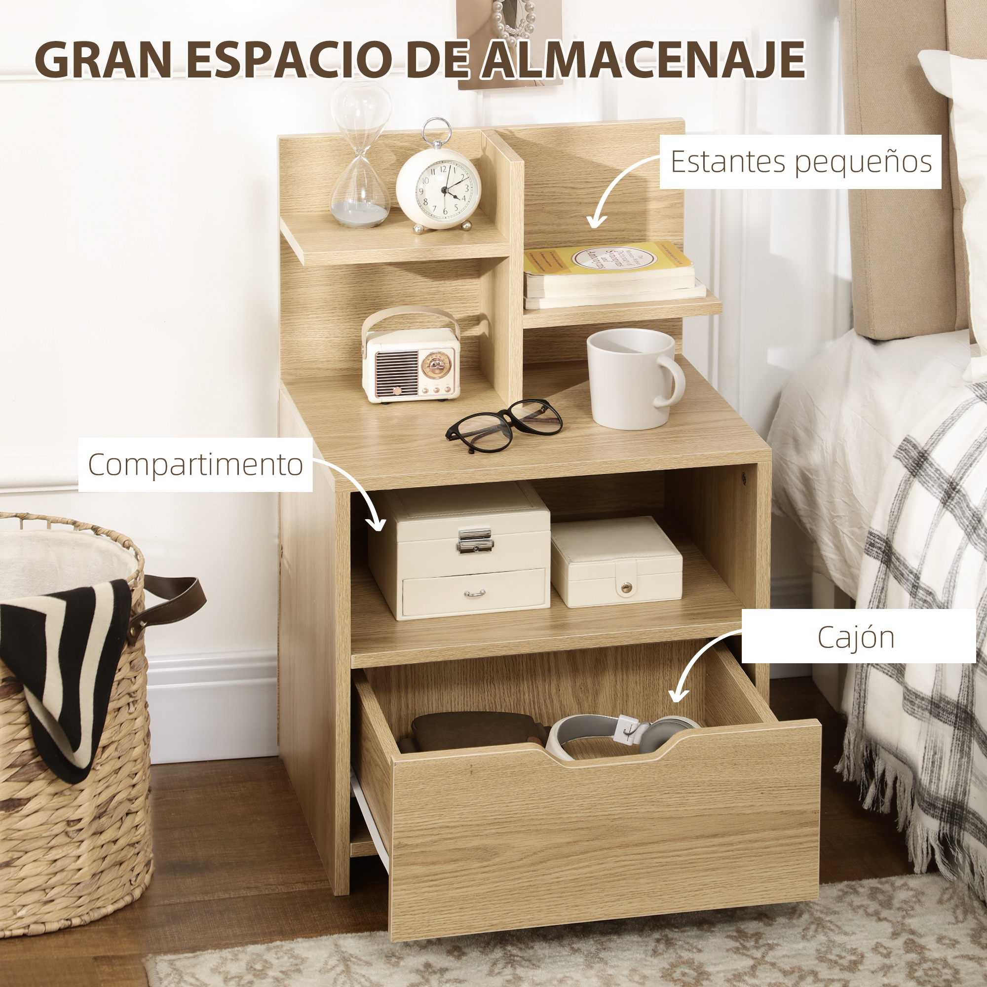 Una mesita de noche con varios compartimentos, cajones y estantes con objetos.