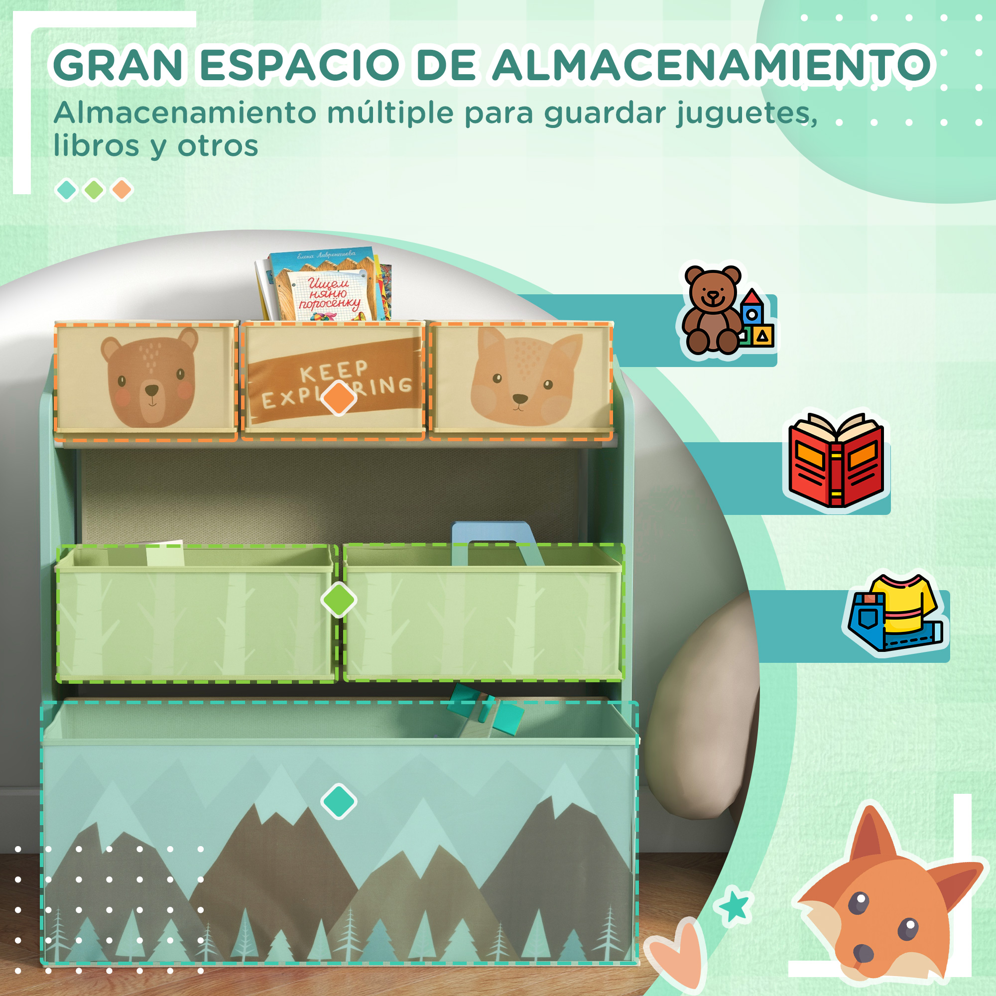 Unidad de almacenamiento infantil con diseños de osos, zorros y libros.