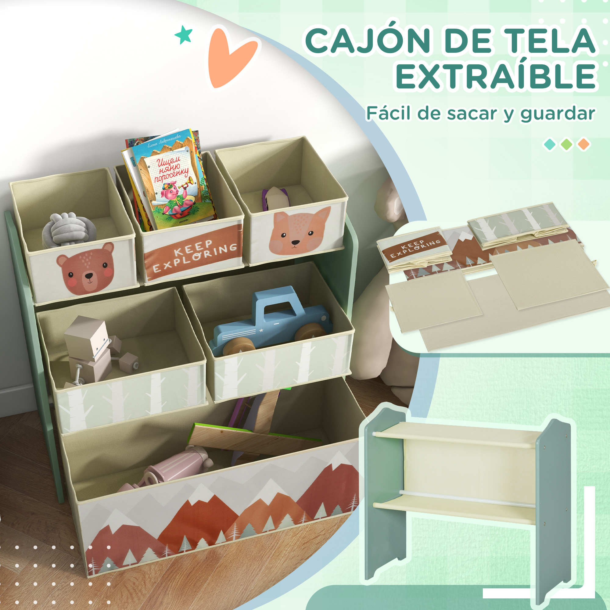 Un mueble de tela con juguetes y libros. Decorado con motivos de animales y montañas.