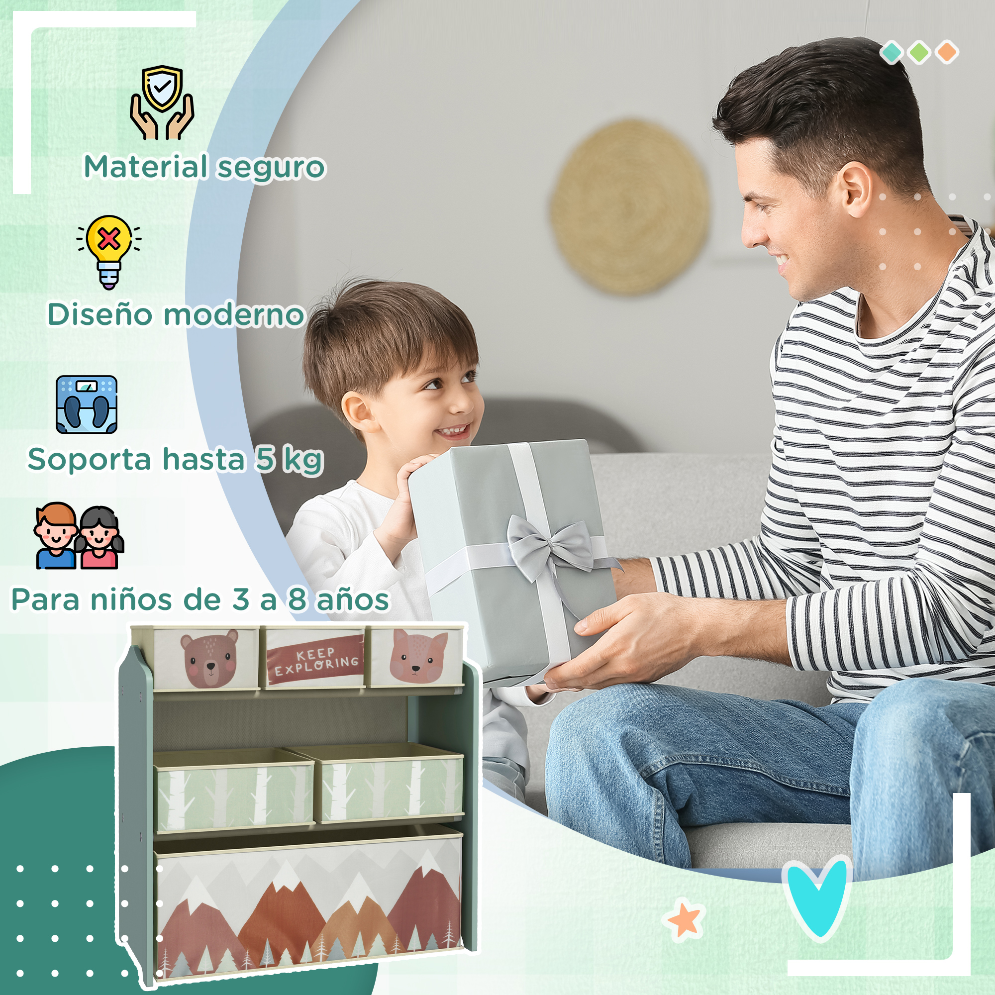 Hombre regalando un presente a un niño. Estantería para juguetes con diseños de animales.