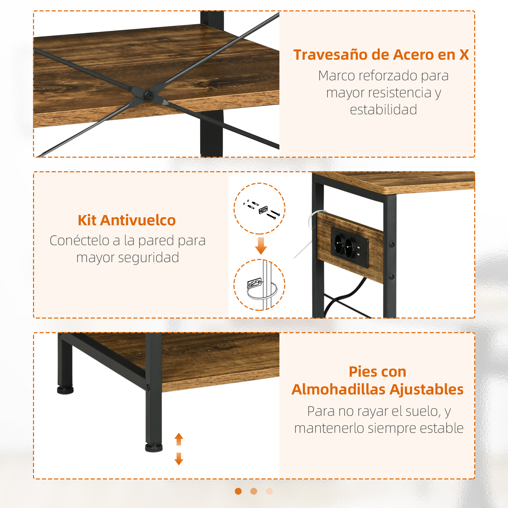 Estante de madera con marco de metal negro, enchufes y pies ajustables.