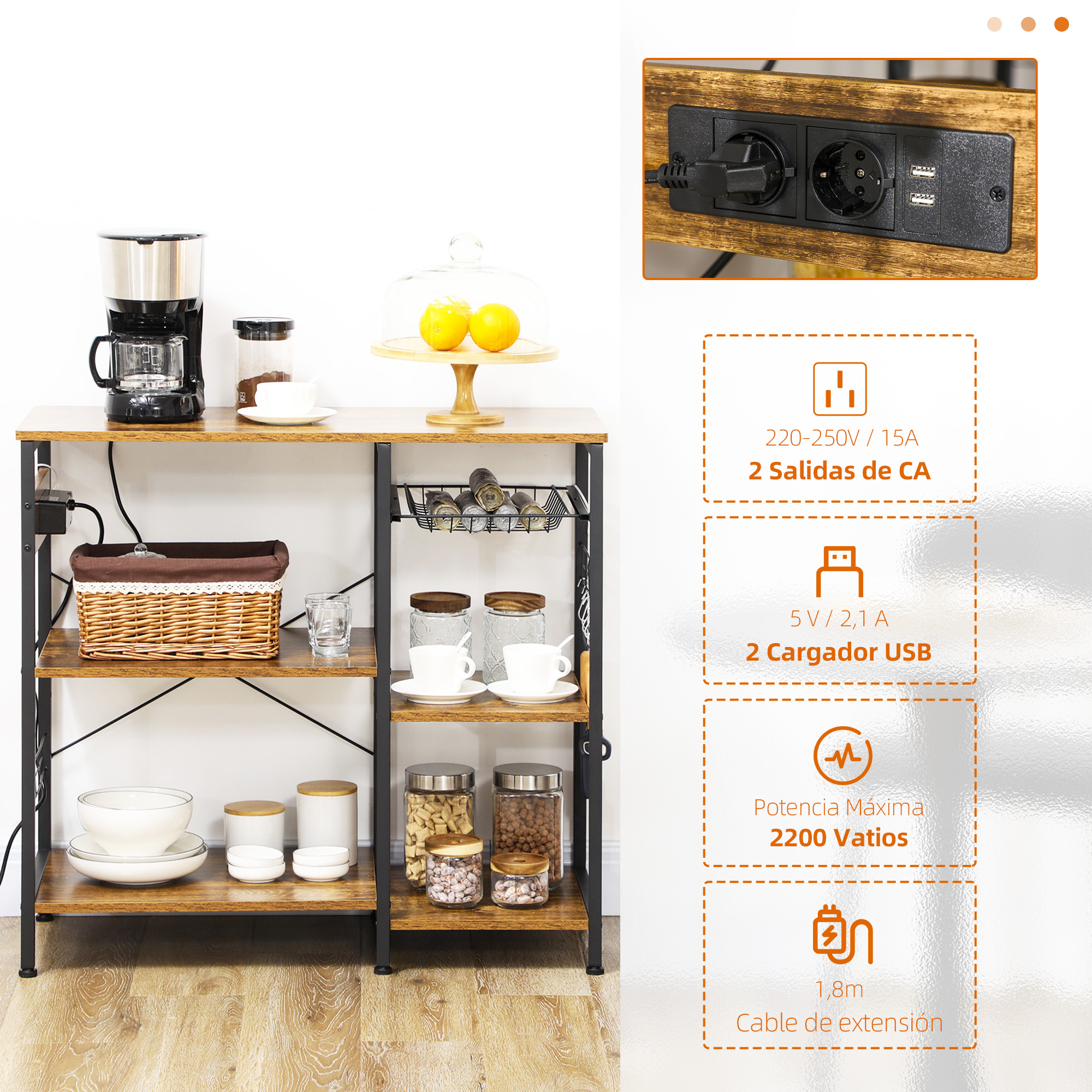 Estante de cocina con cafetera, fruta y regleta.