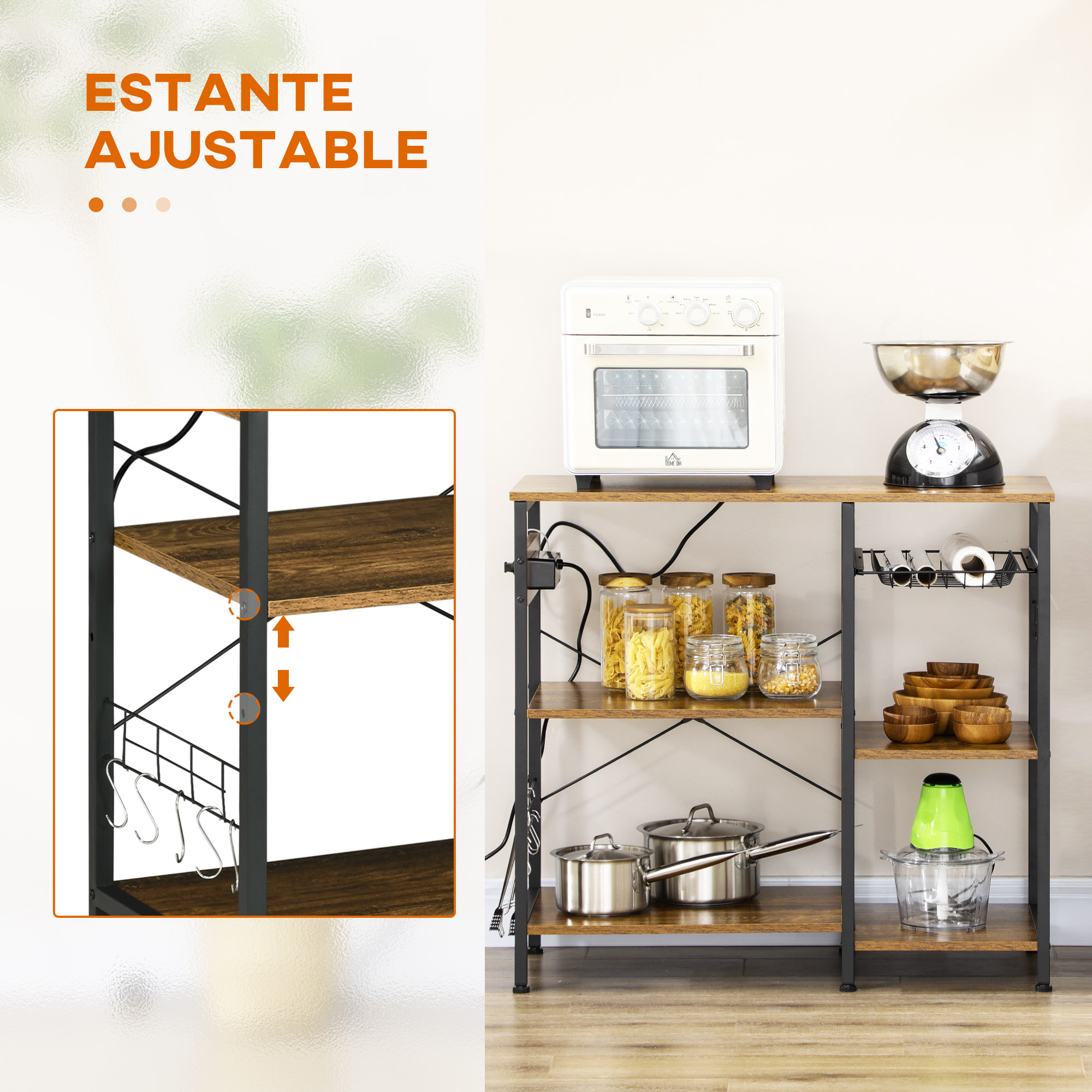 Un estante de cocina con horno, báscula, frascos, ollas y cuencos.