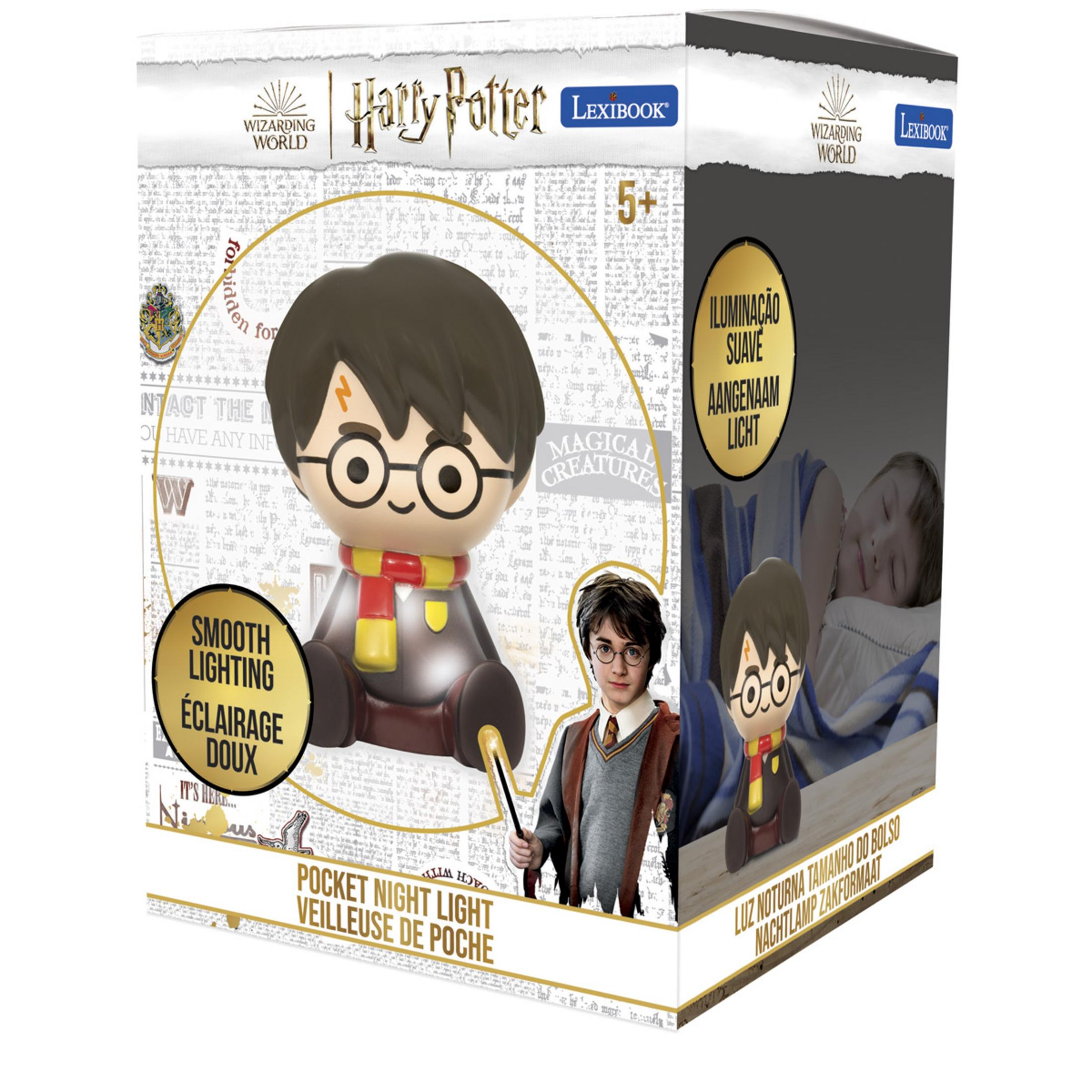 Harry Potter Nachtlicht-Box mit Figur, Kind schlafend im Bett.