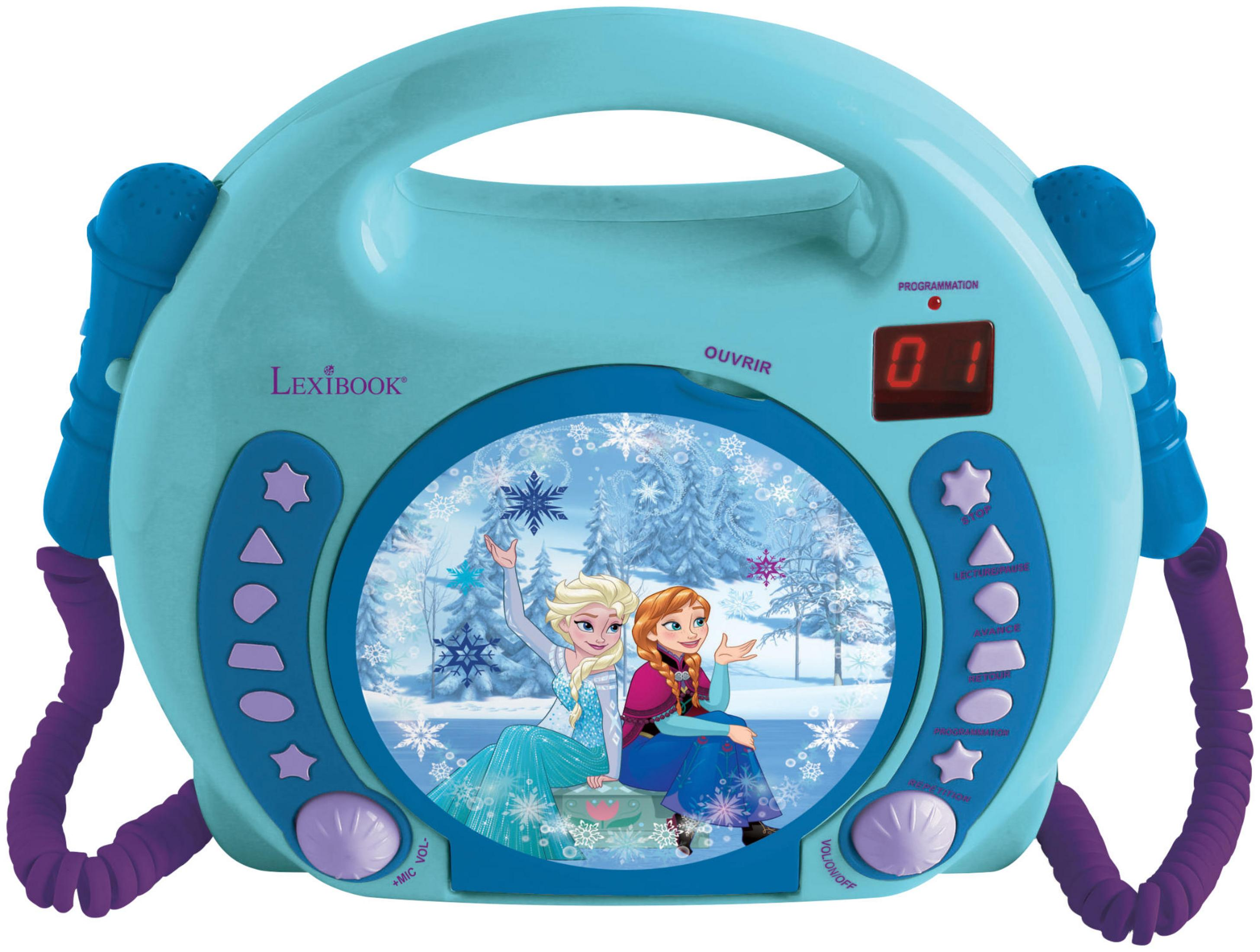 Jasnoniebieska maszyna karaoke Lexibook z Elsą i Anną przed zimowym lasem.