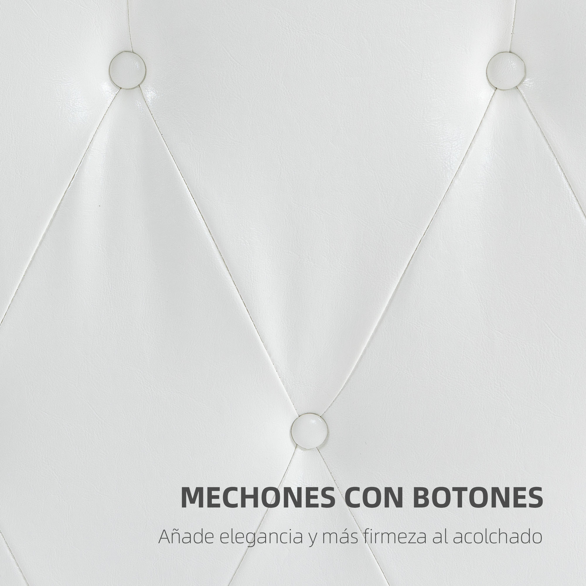 Tapicería blanca acolchada con botones y costuras en rombos.