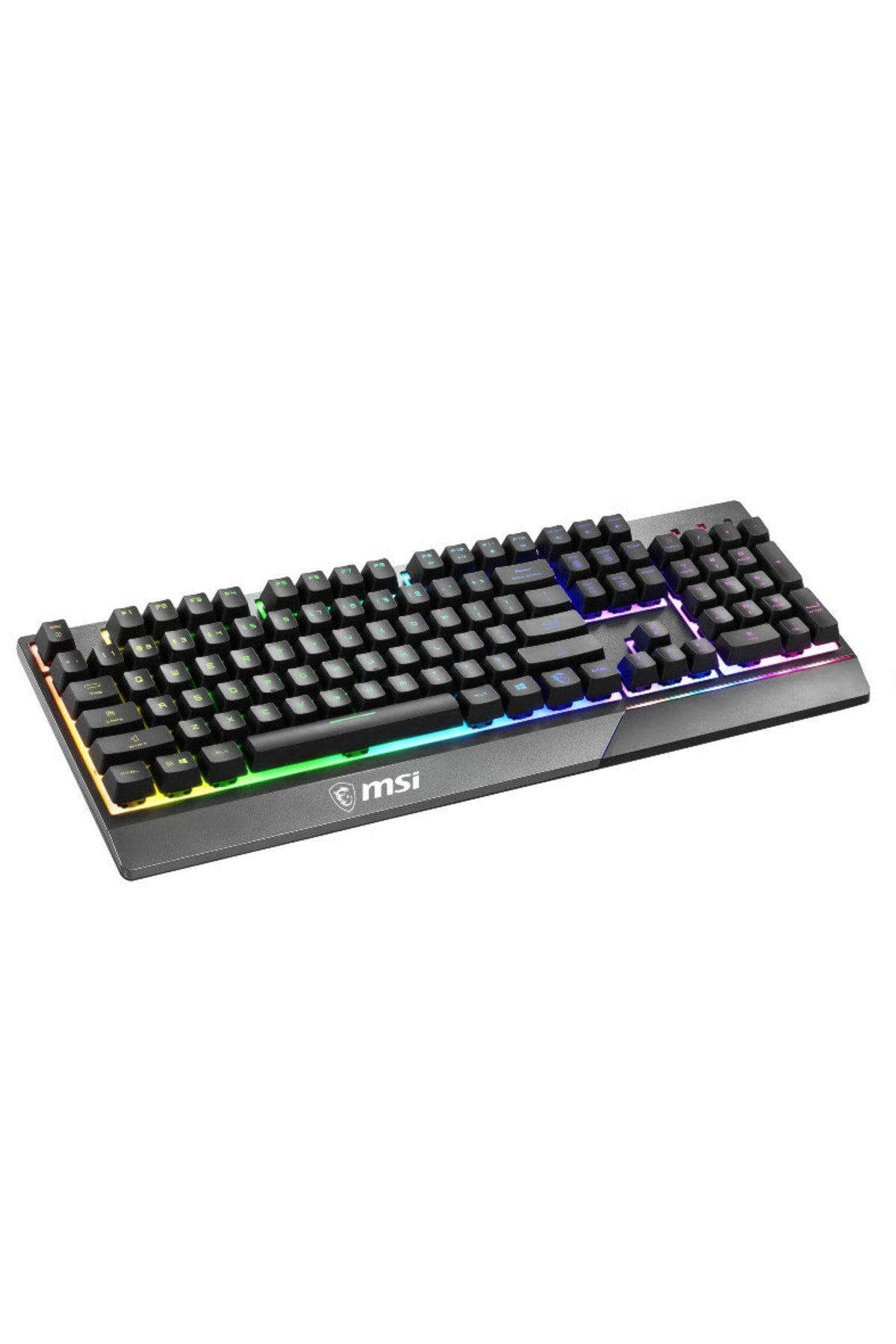 Alt kenarında RGB aydınlatmalı siyah bir MSI oyuncu klavyesi.