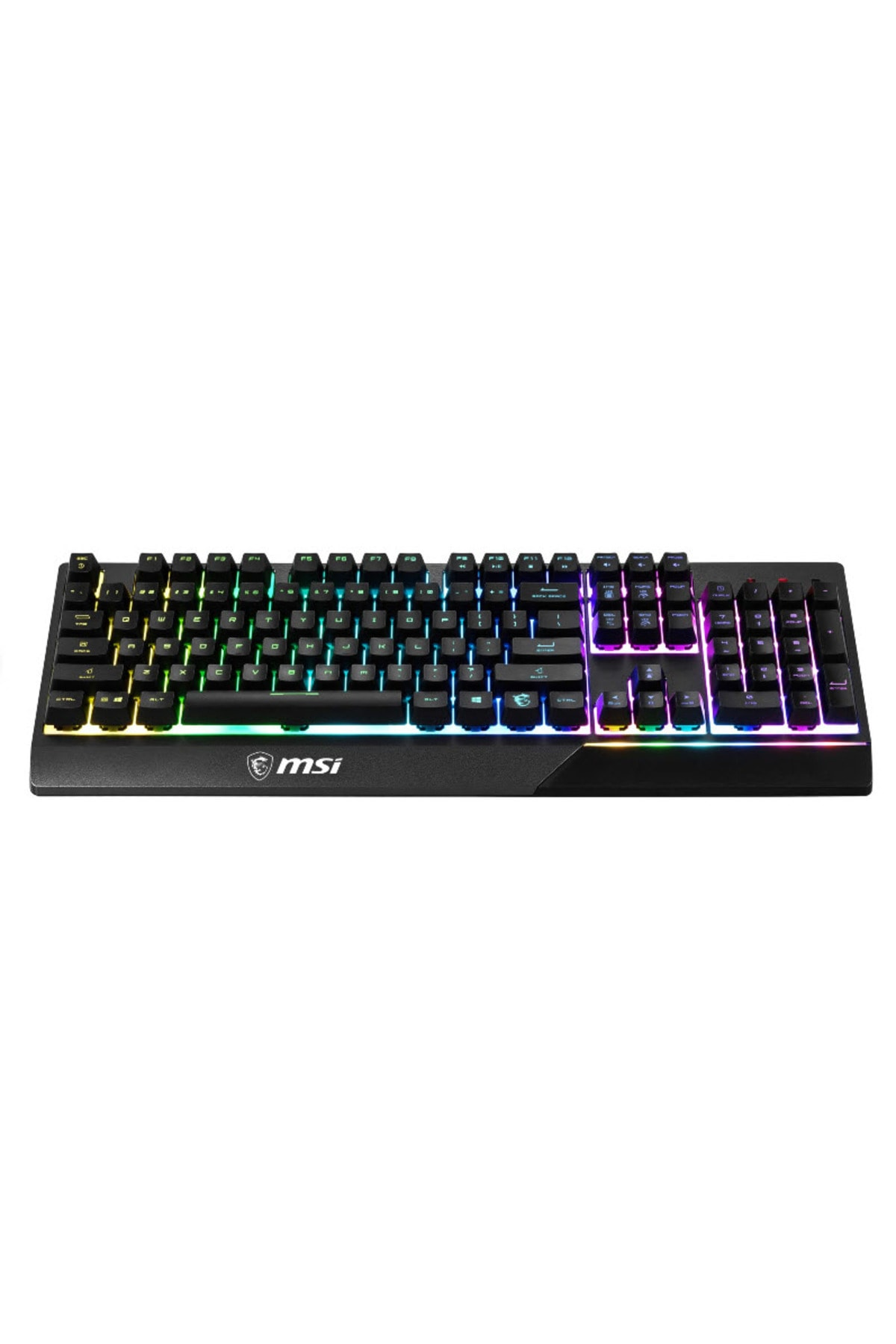 RGB aydınlatmalı siyah MSI klavye, yakın çekim.