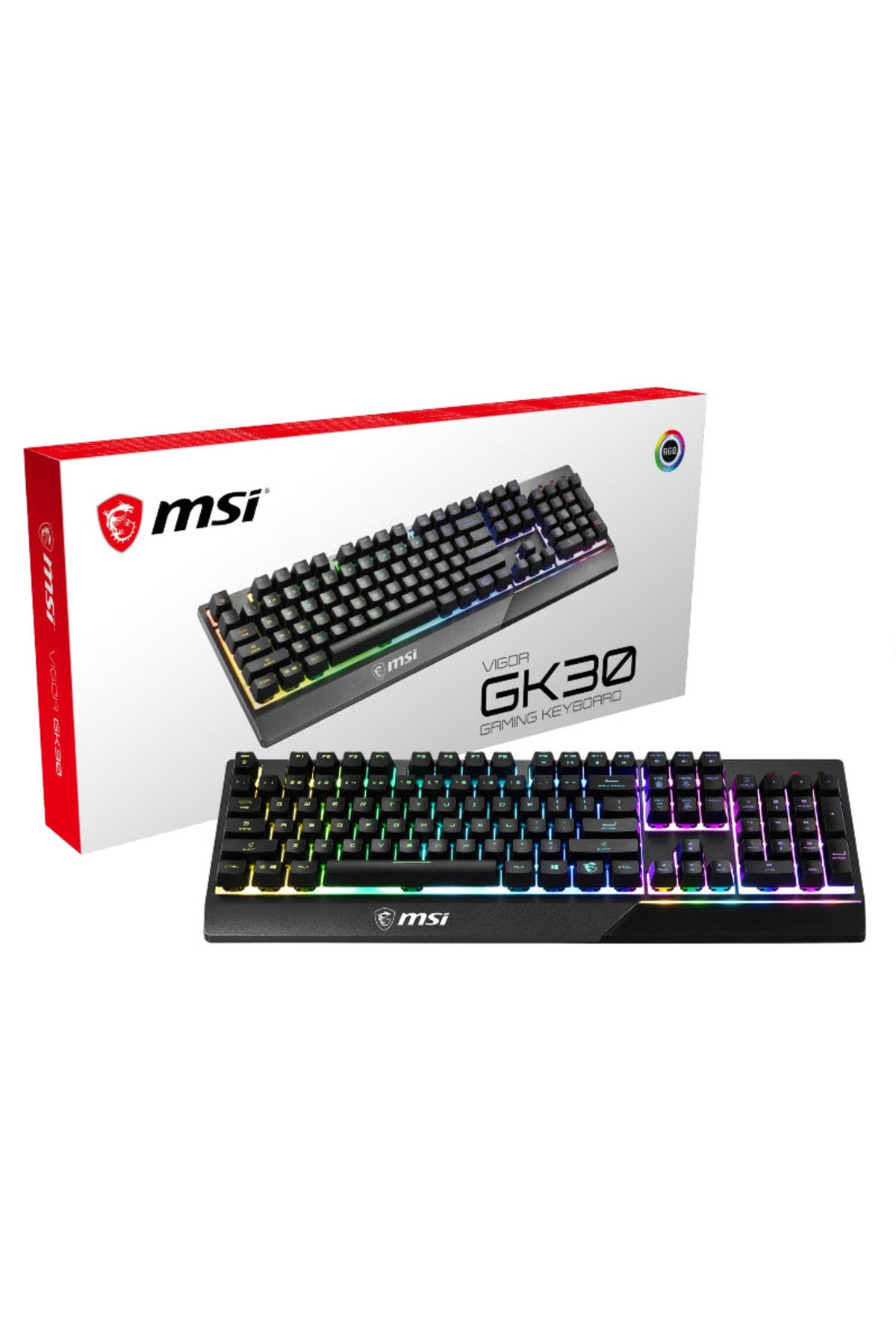 RGB aydınlatmalı MSI Vigor GK30 oyuncu klavyesi kutusunun yanında sergileniyor.