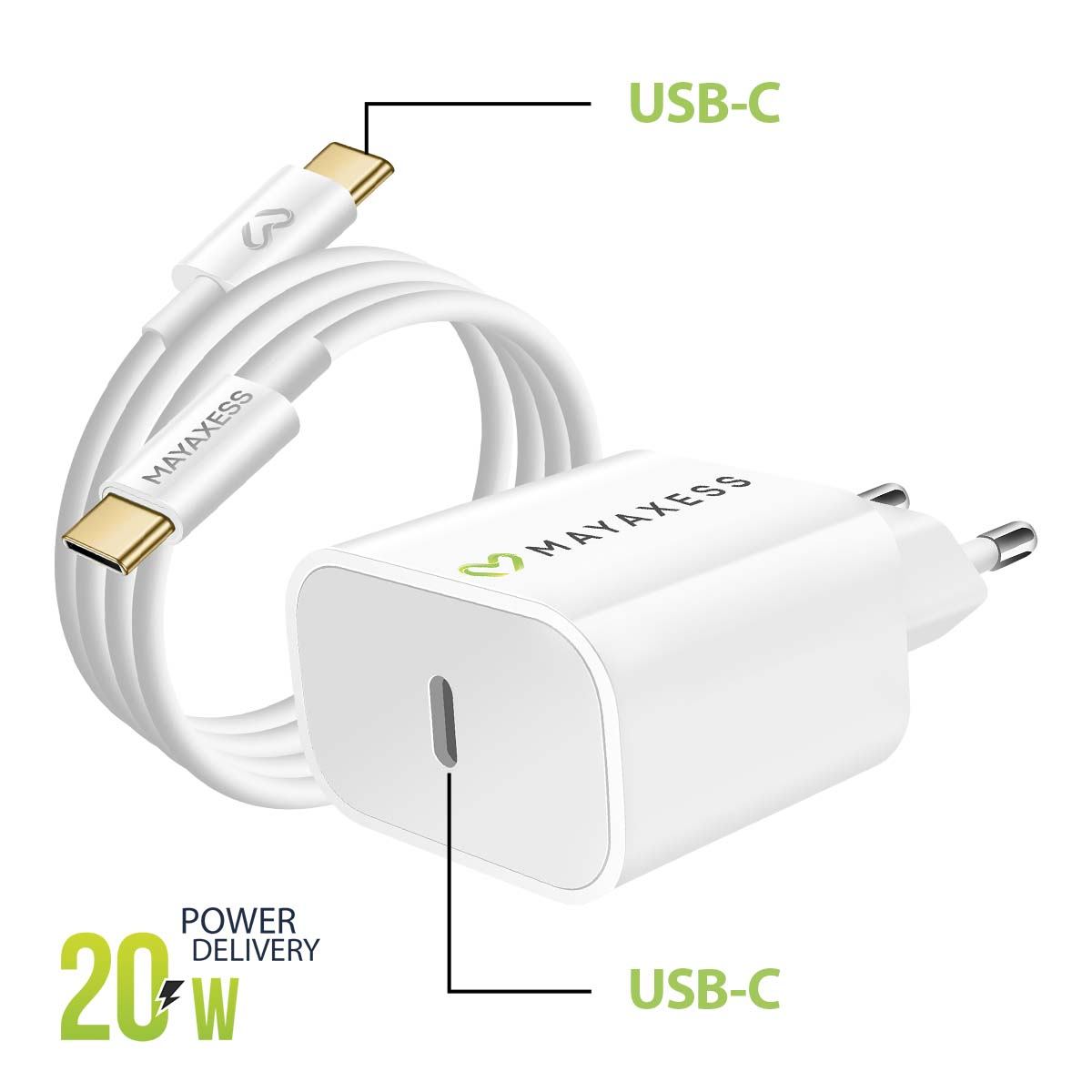 Ein weißer USB-C-Adapter und Kabel mit 20W Leistung.