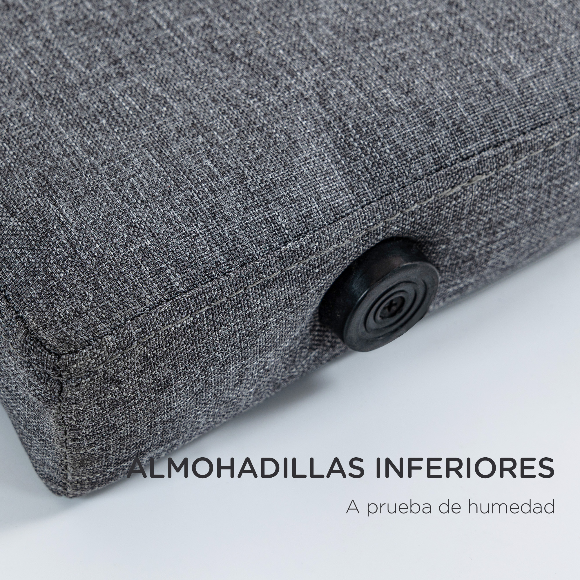 Cojín gris con goma negra inferior. Texto: ALMOHADILLAS INFERIORES.