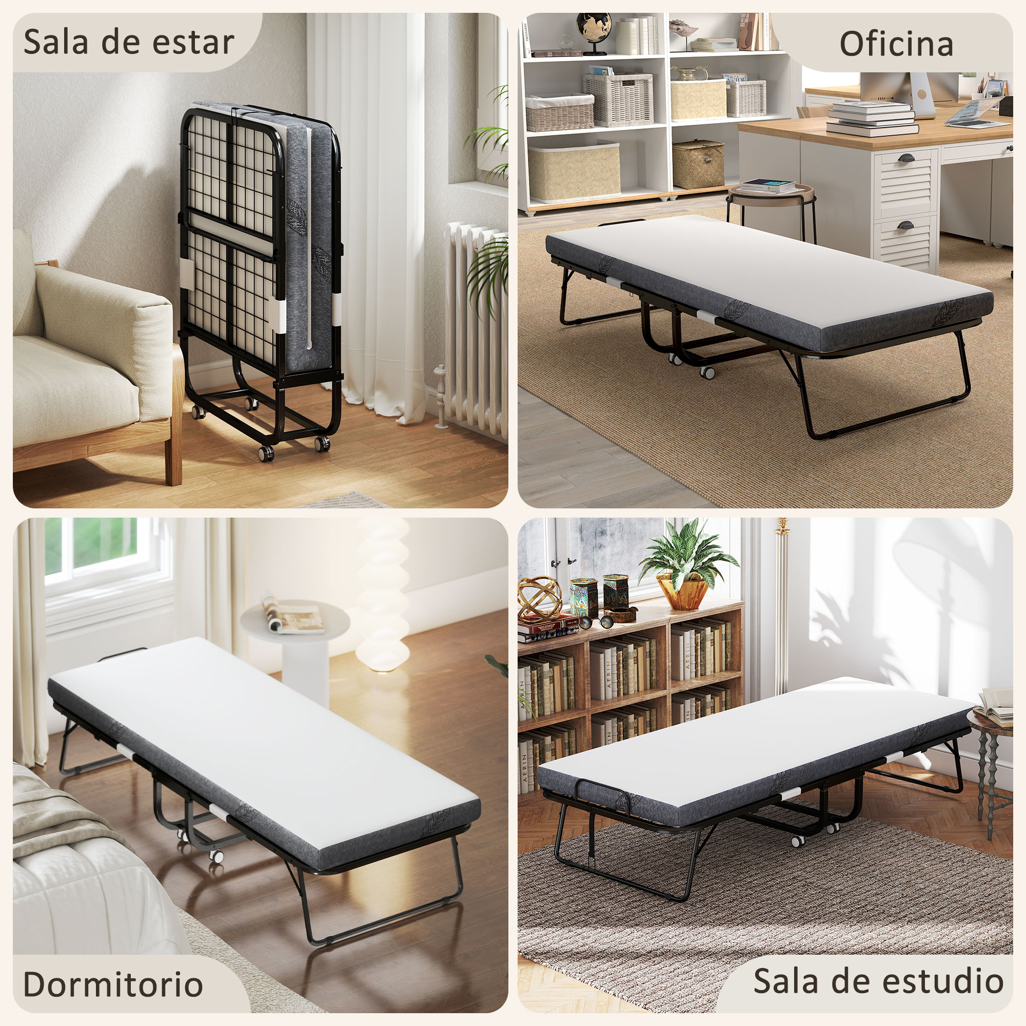 Una cama plegable con colchón blanco sobre estructura metálica con ruedas.