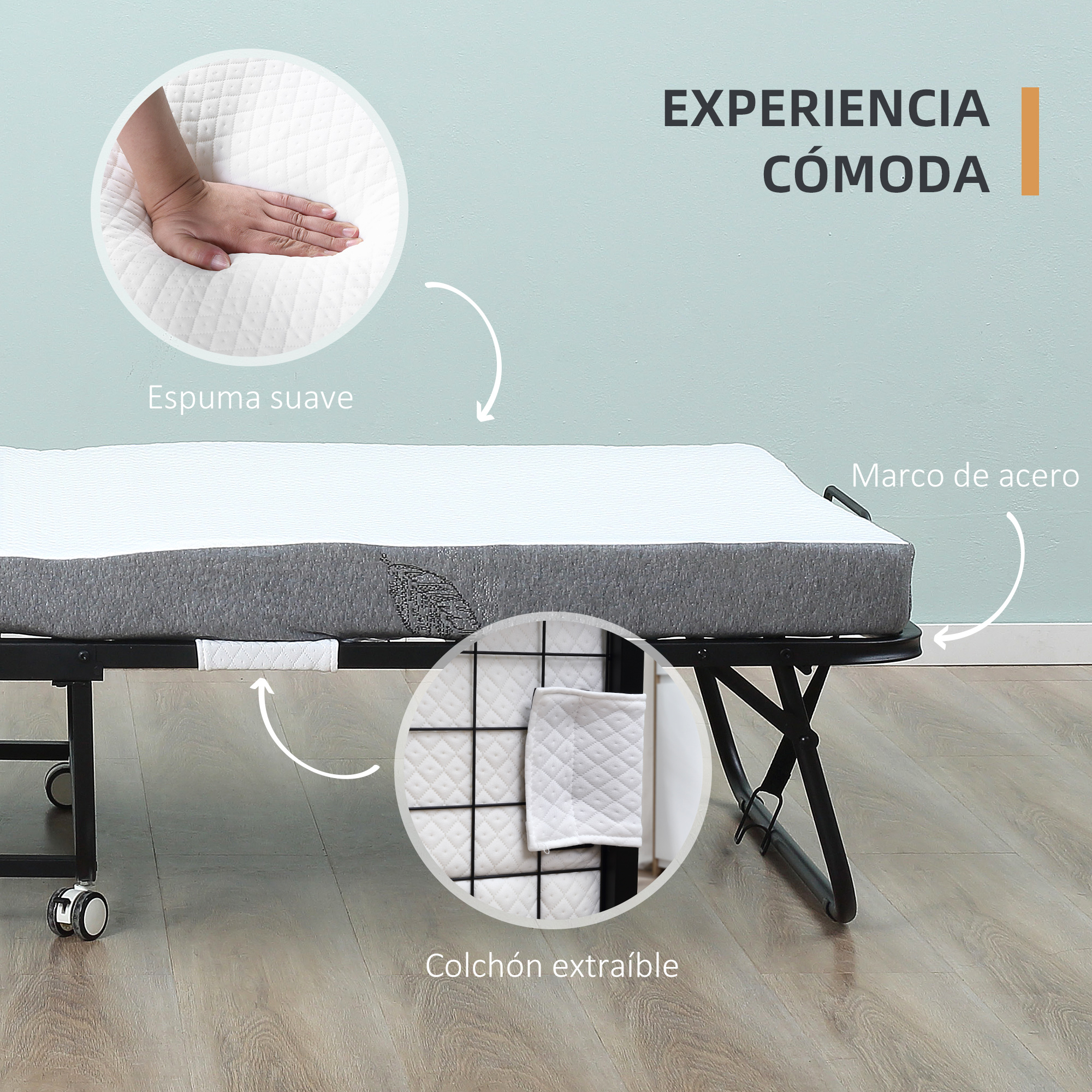 Una cama plegable con colchón suave y marco de acero. Incluye ruedas.