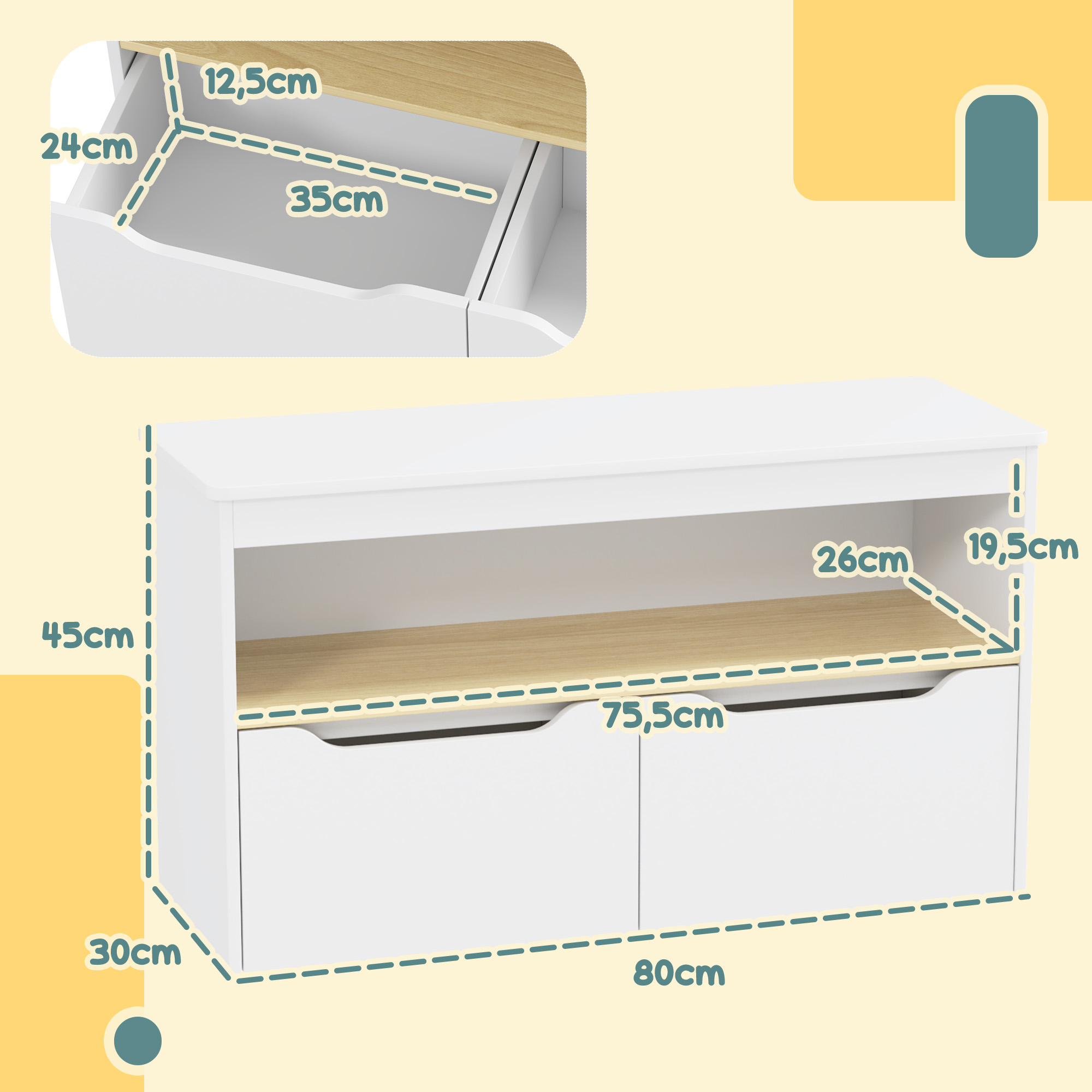 Mueble blanco con detalles de madera y medidas.