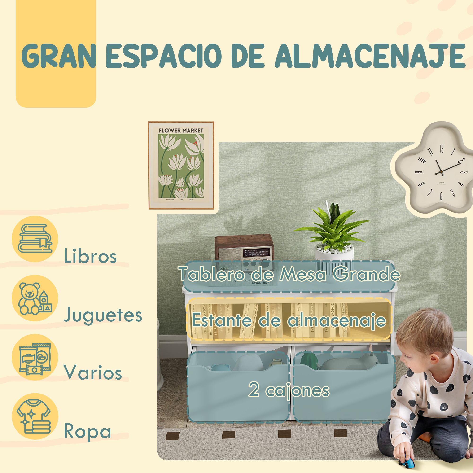 Un niño juega con un coche de juguete frente a un mueble de almacenamiento con libros y juguetes.