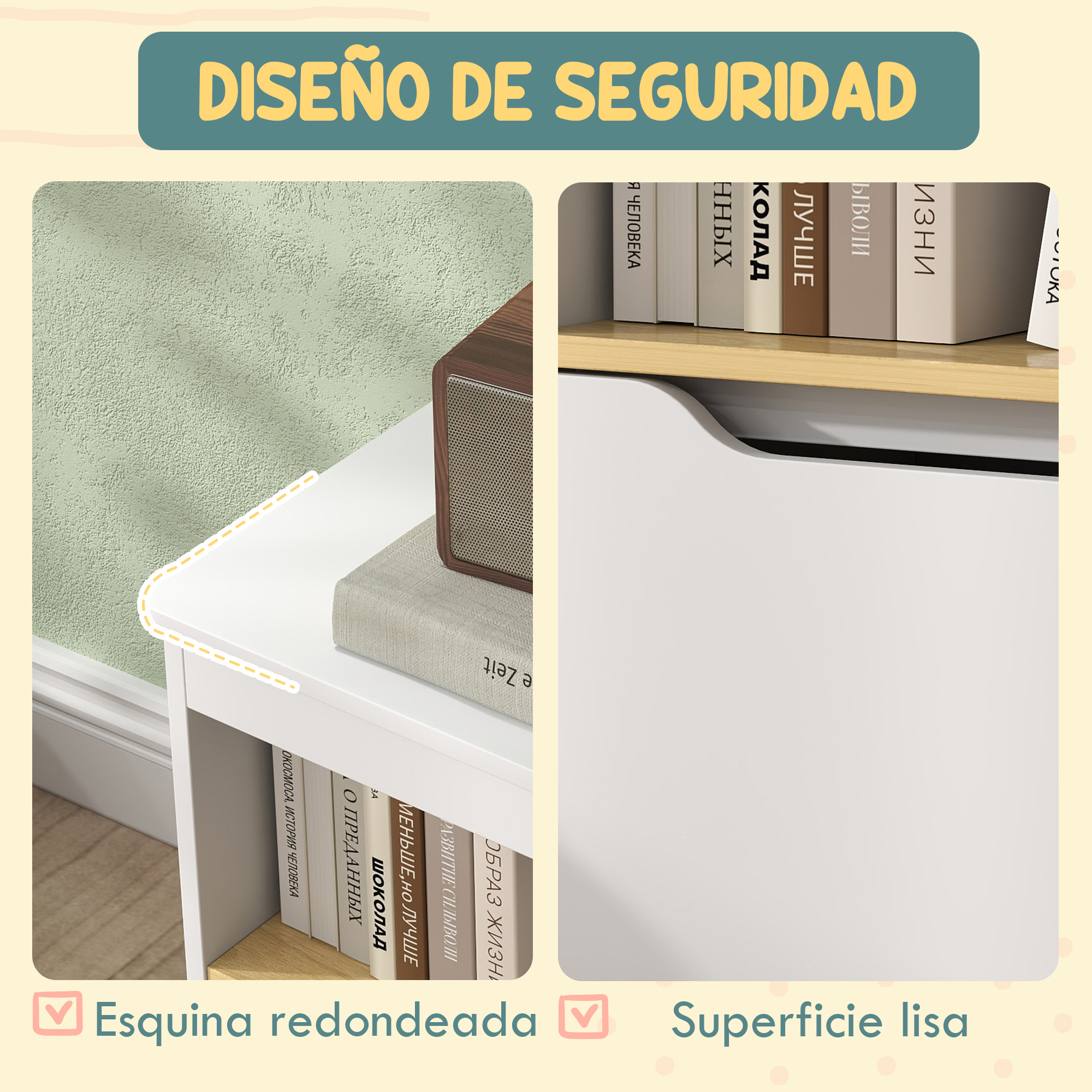 Una esquina con radio de madera y libros. El otro lado muestra una estantería.