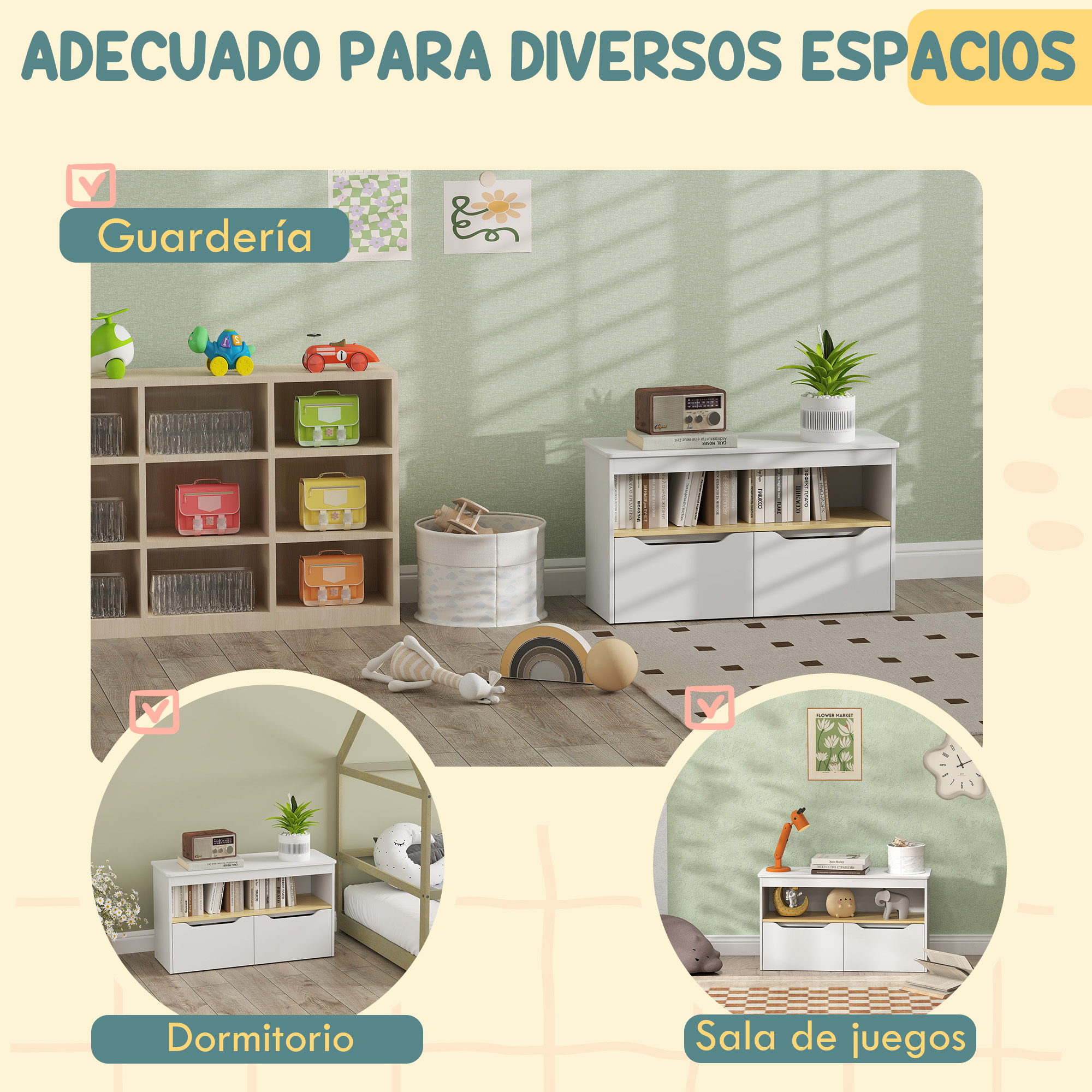 Muebles de guardería: estante, cómoda, juguetes, cama y decoración.