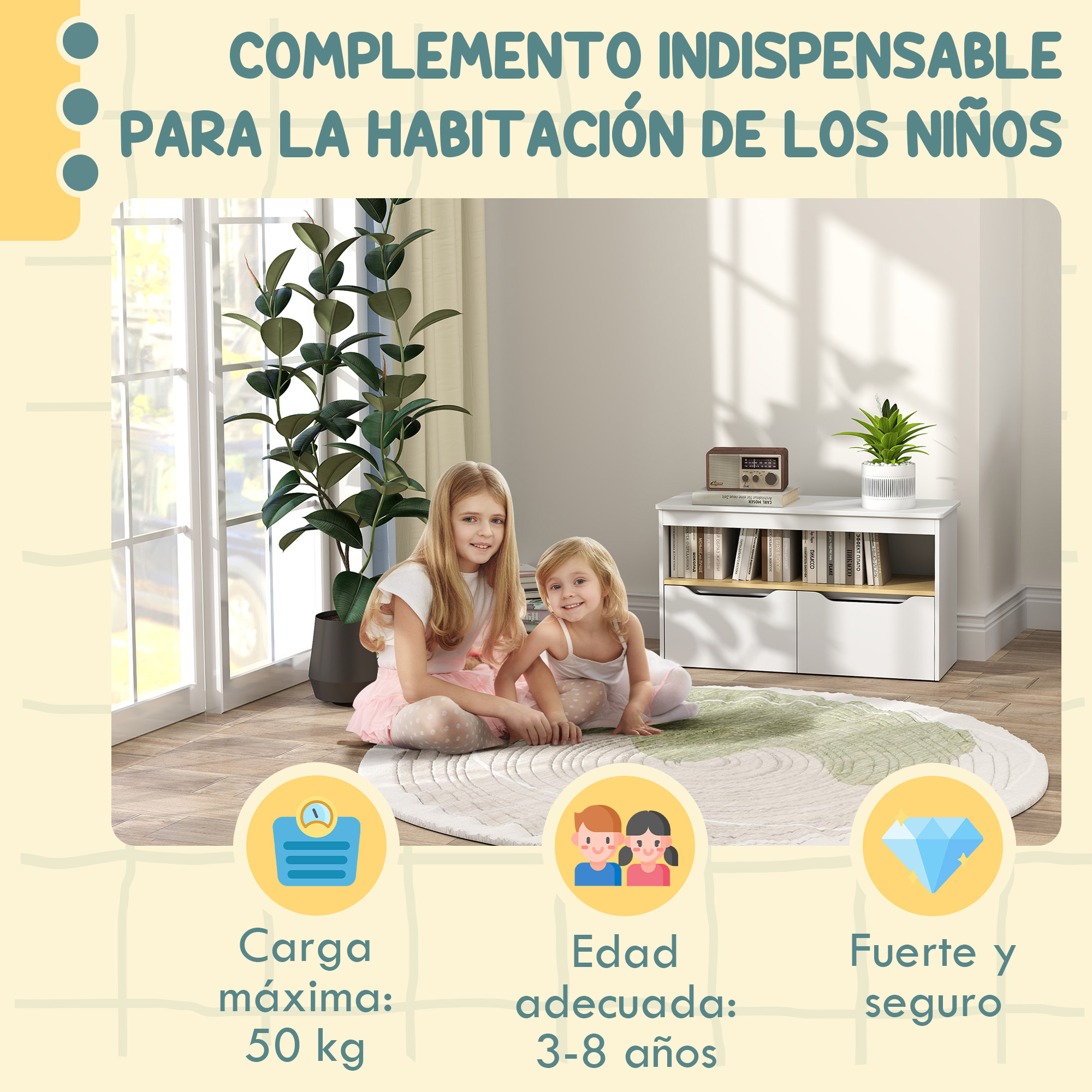 Dos niñas sentadas en alfombra frente a estantería con radio.